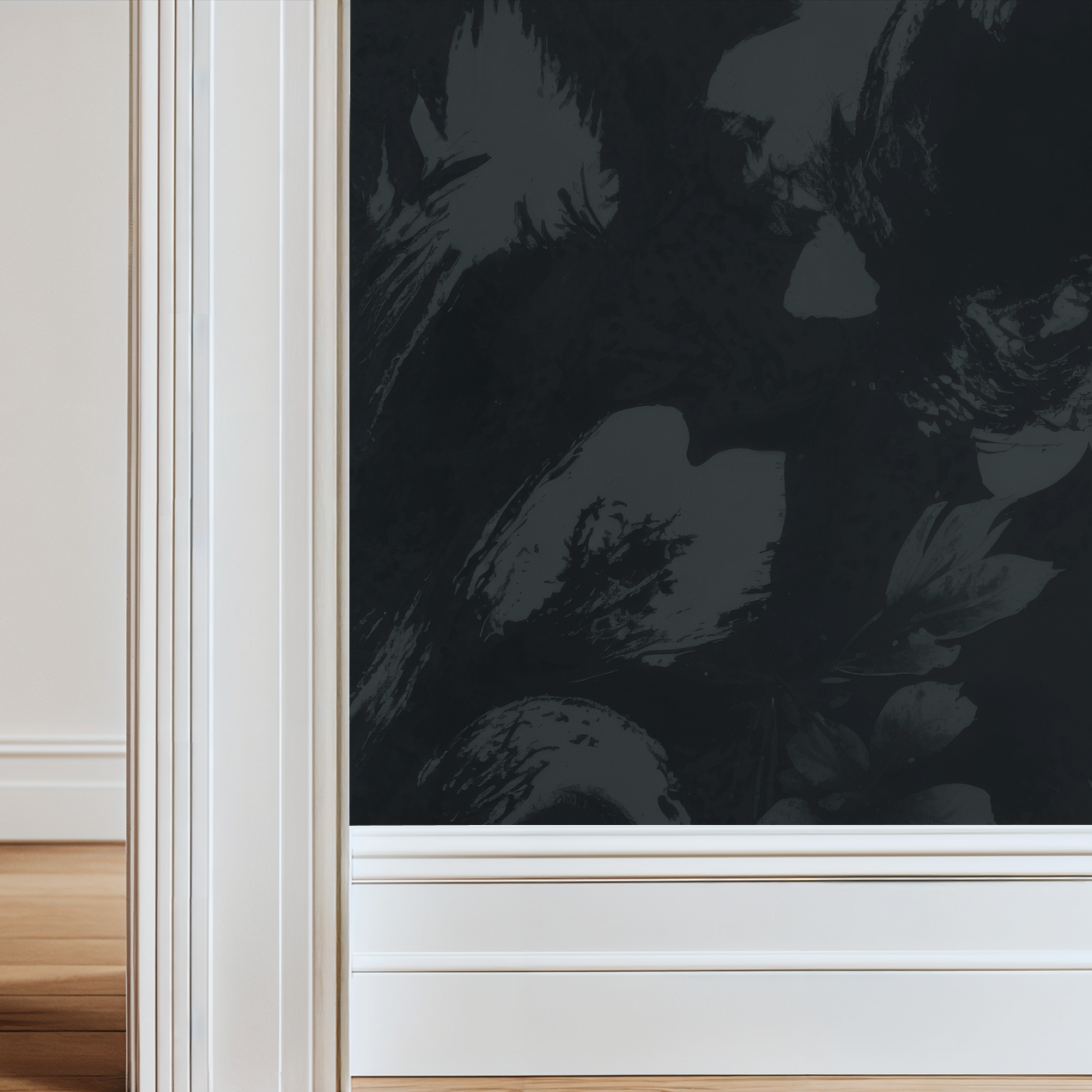 Navy floral wallpaper with shadowy blooms and white trim in a modern room.