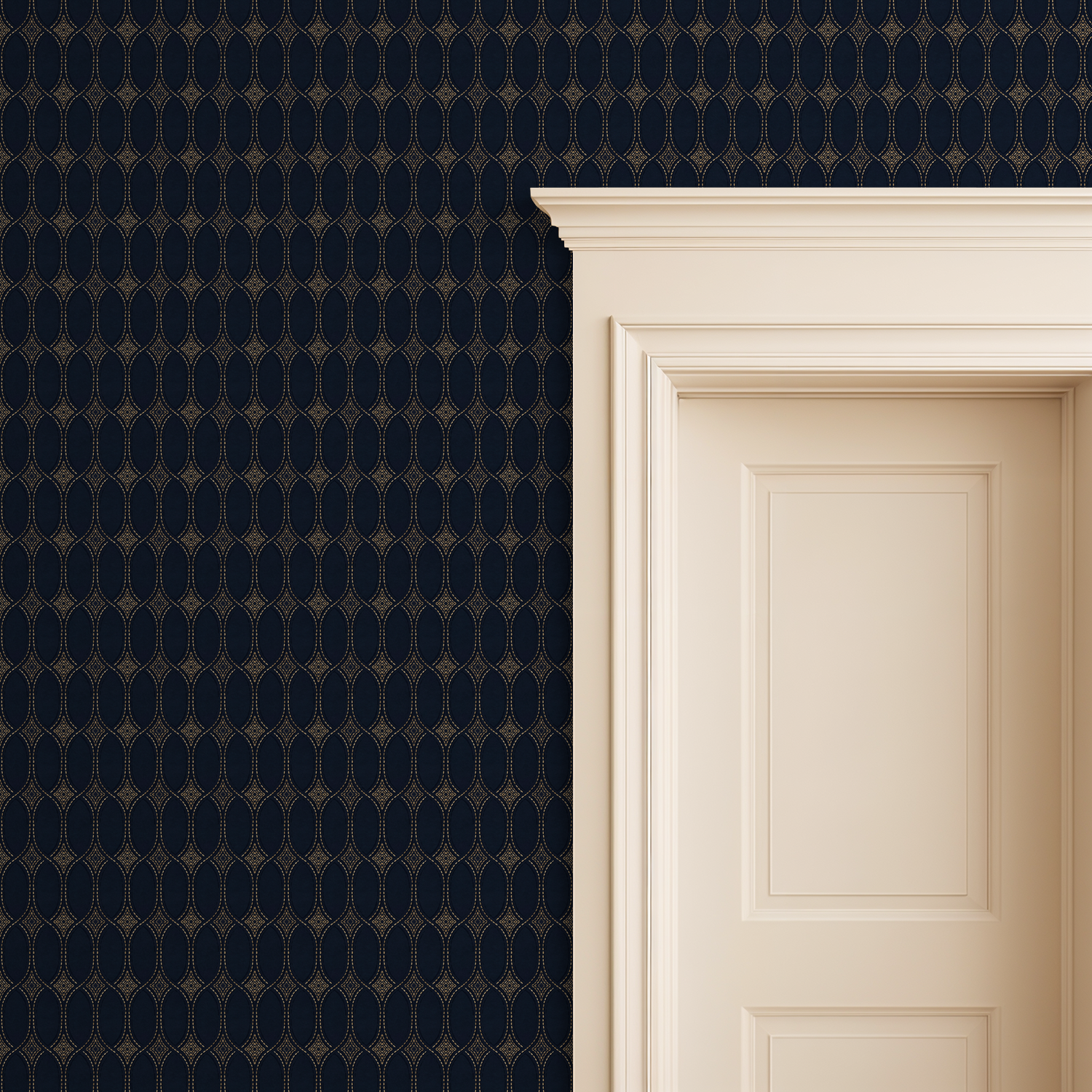 Navy and gold geometric wallpaper with door frame in elegant room setting.