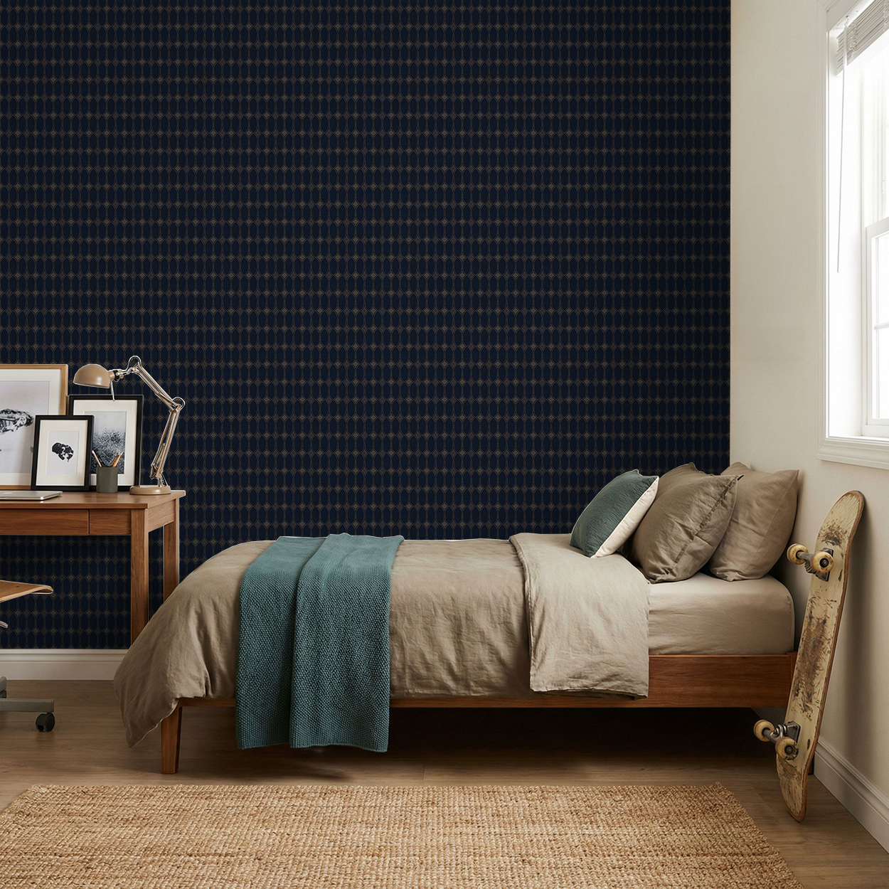 Navy and gold geometric wallpaper in modern bedroom with wooden furniture.