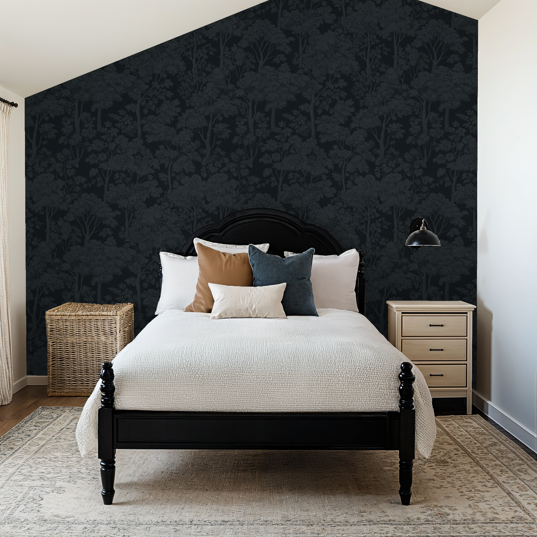 Navy tree silhouette wallpaper in elegant bedroom with dark wood bed and neutral decor.