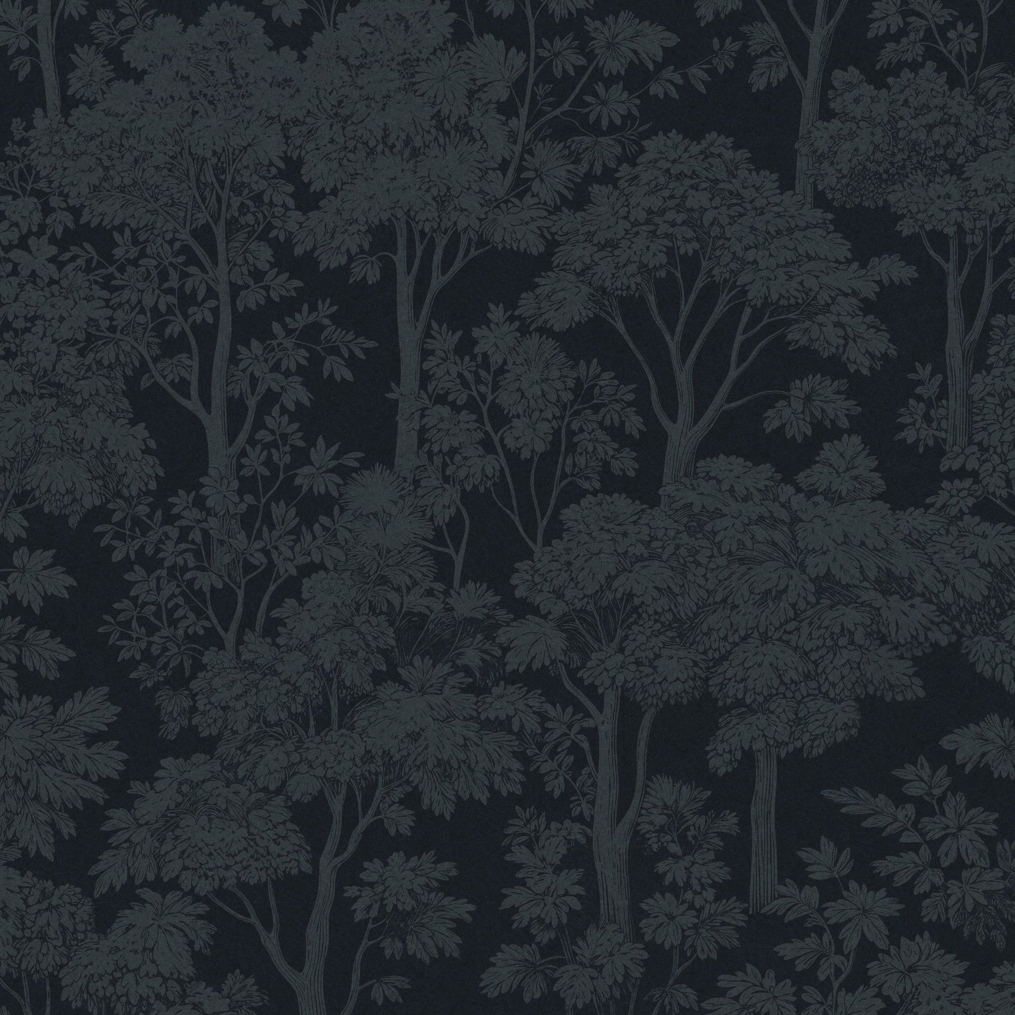 Navy wallpaper with intricate tree silhouettes on a dark background.