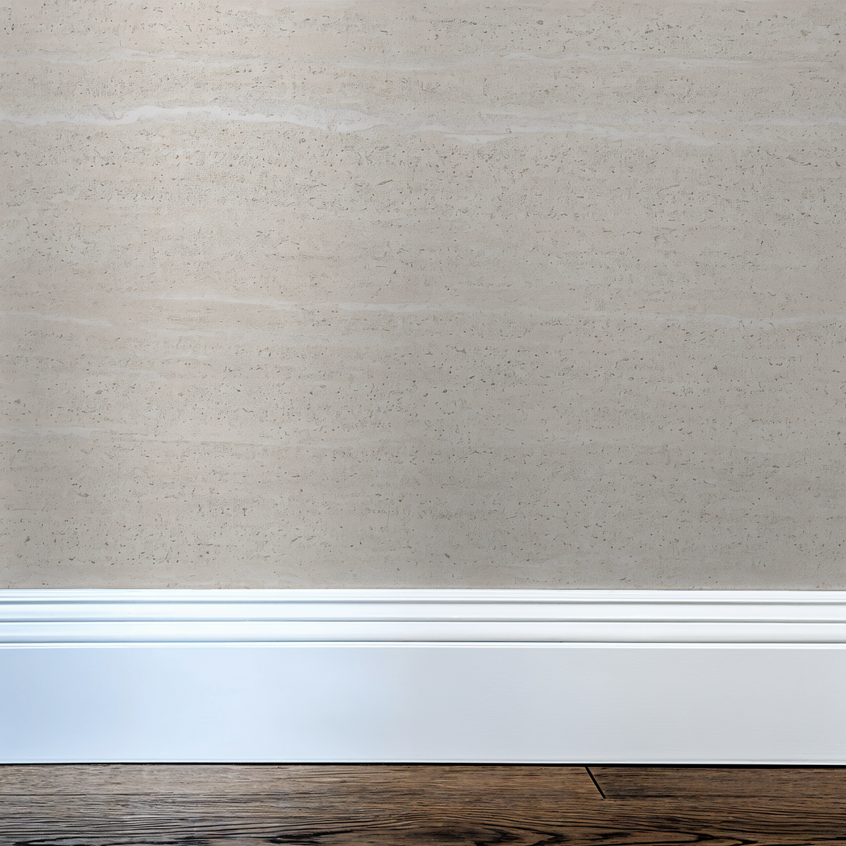 Neutral textured wallpaper with subtle lines and creamy hues above white baseboard.