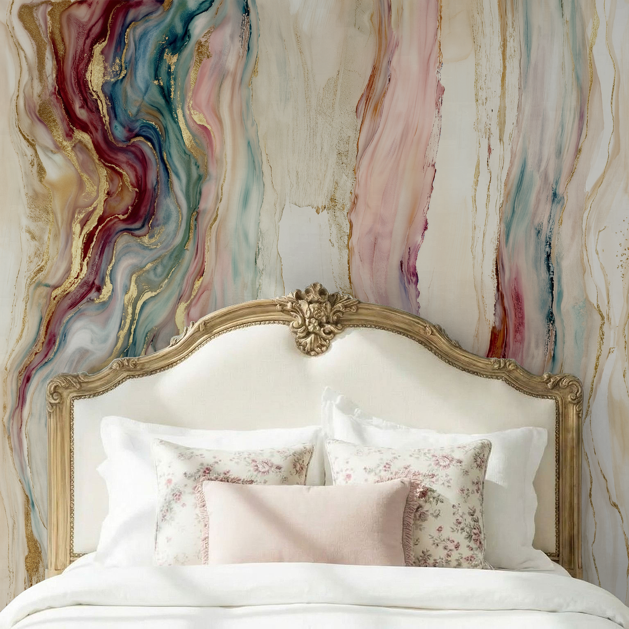 Elegant abstract wallpaper with flowing colors and gold accents behind ornate bed.