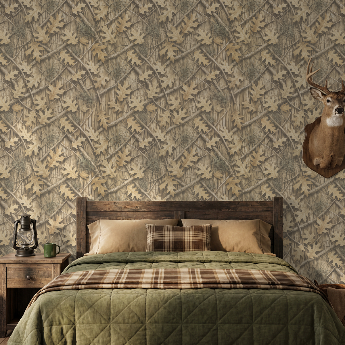 Rustic bedroom with oak leaf and pine needle wallpaper, wooden bed, and plaid bedding.