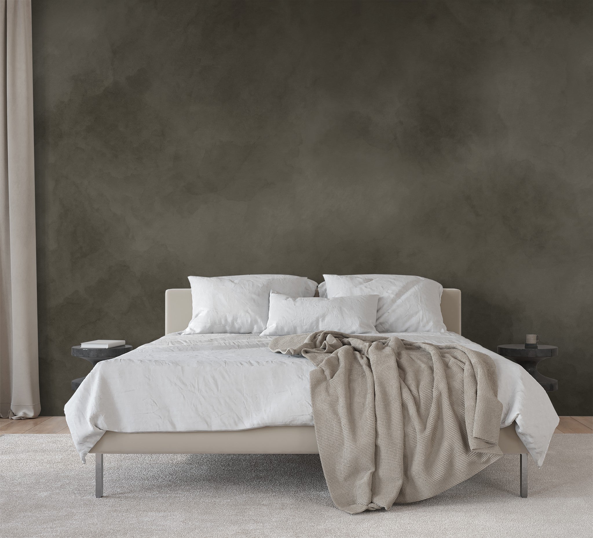 Olive abstract textured wallpaper in modern bedroom with white bedding.
