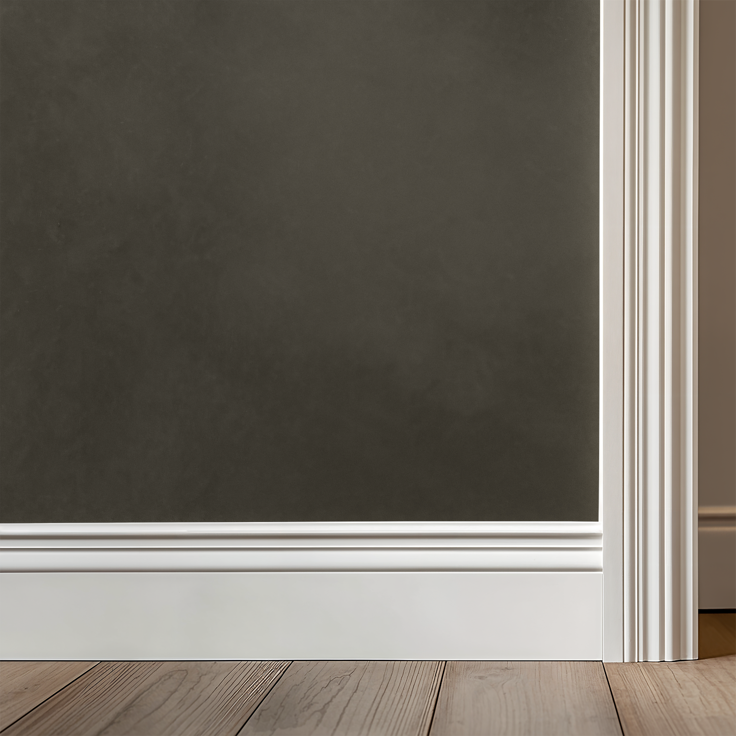 Olive abstract textured wallpaper in modern room with white trim and wood floor.