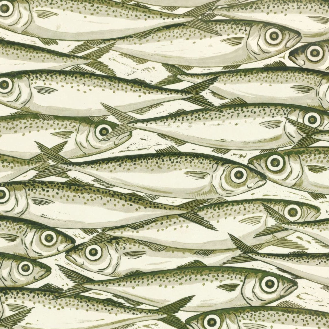 Olive and cream fish pattern wallpaper with ocean theme.