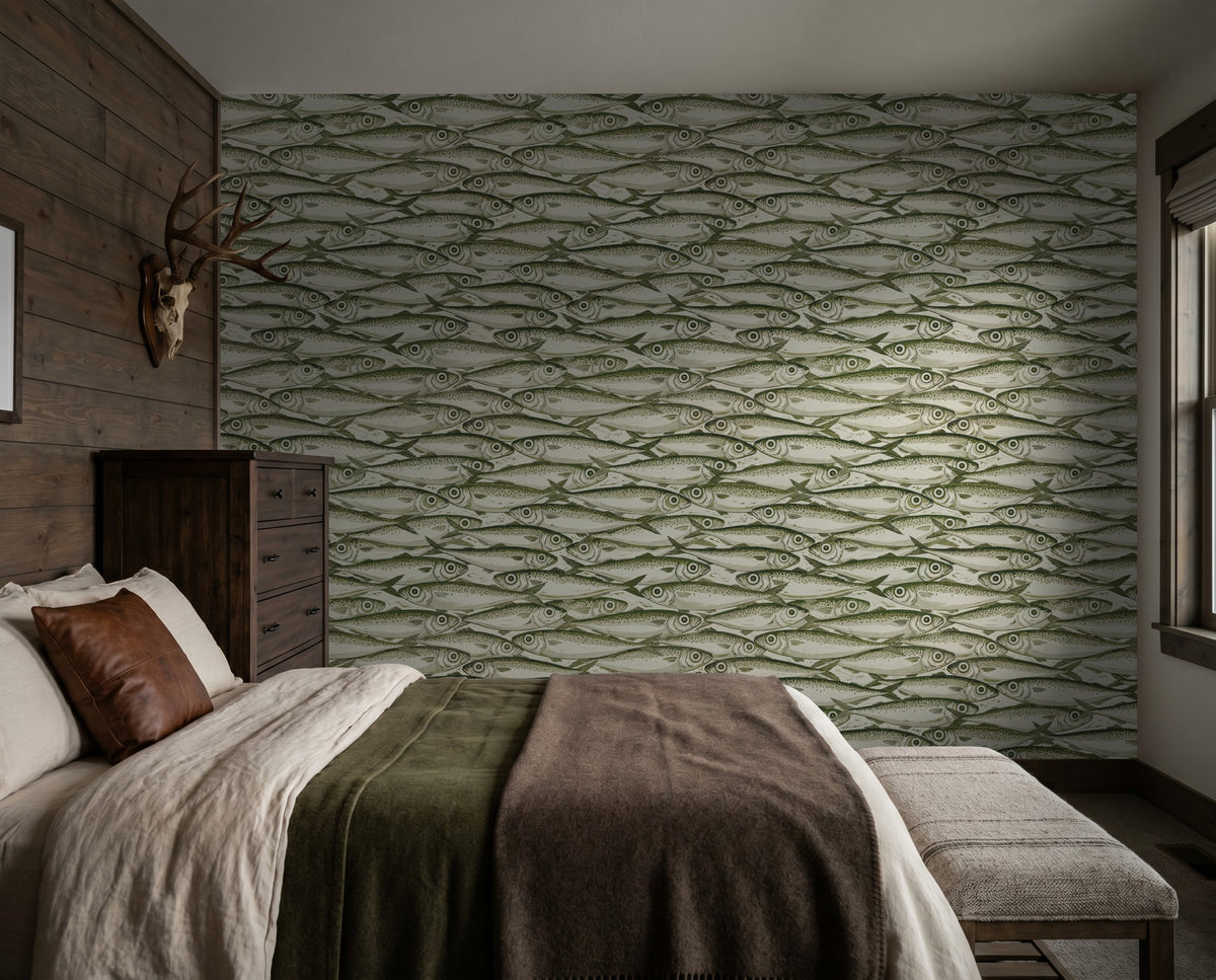 Olive and cream fish-patterned wallpaper in rustic bedroom with wood accents.