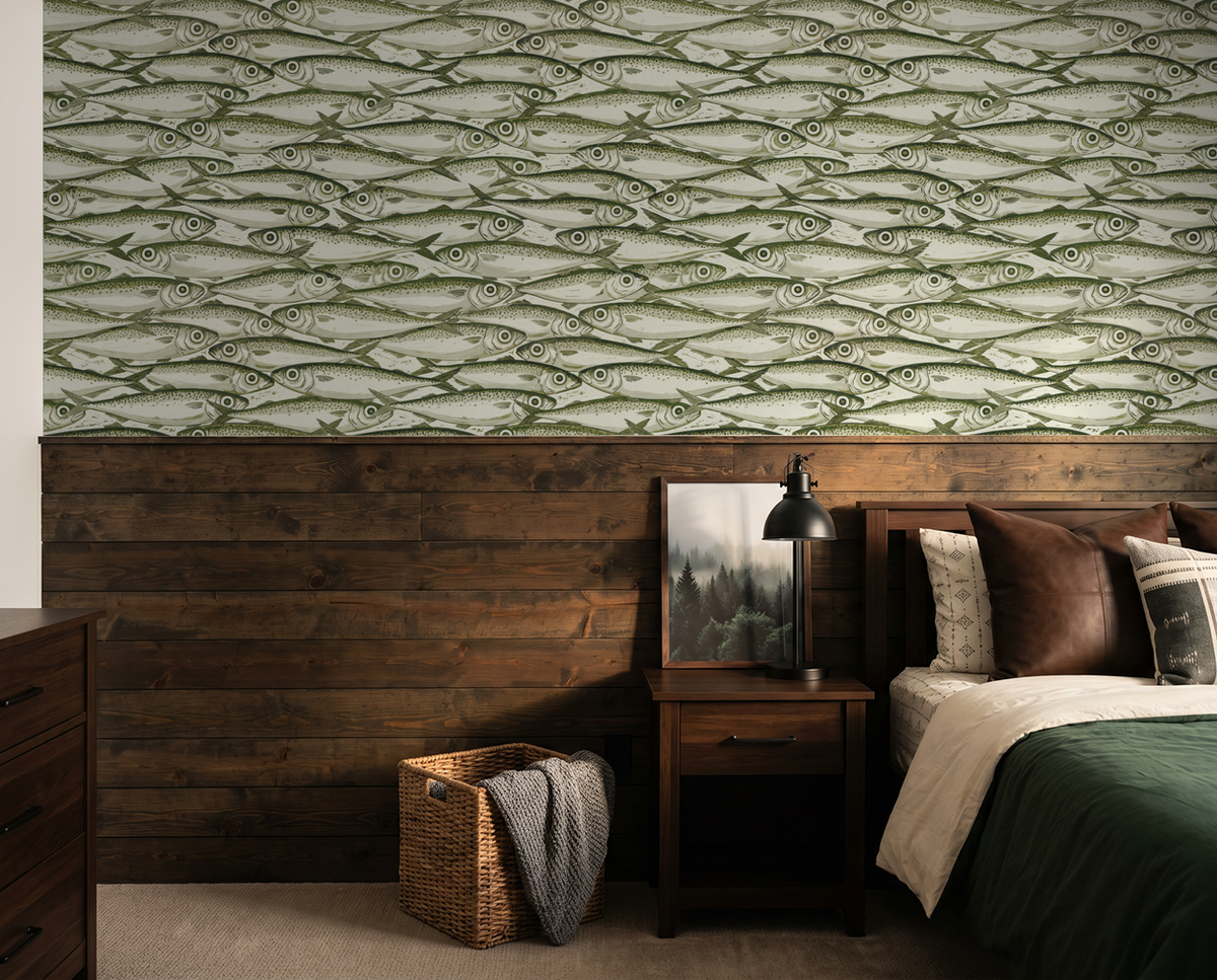 Olive and cream fish pattern wallpaper in rustic bedroom with wood accents.