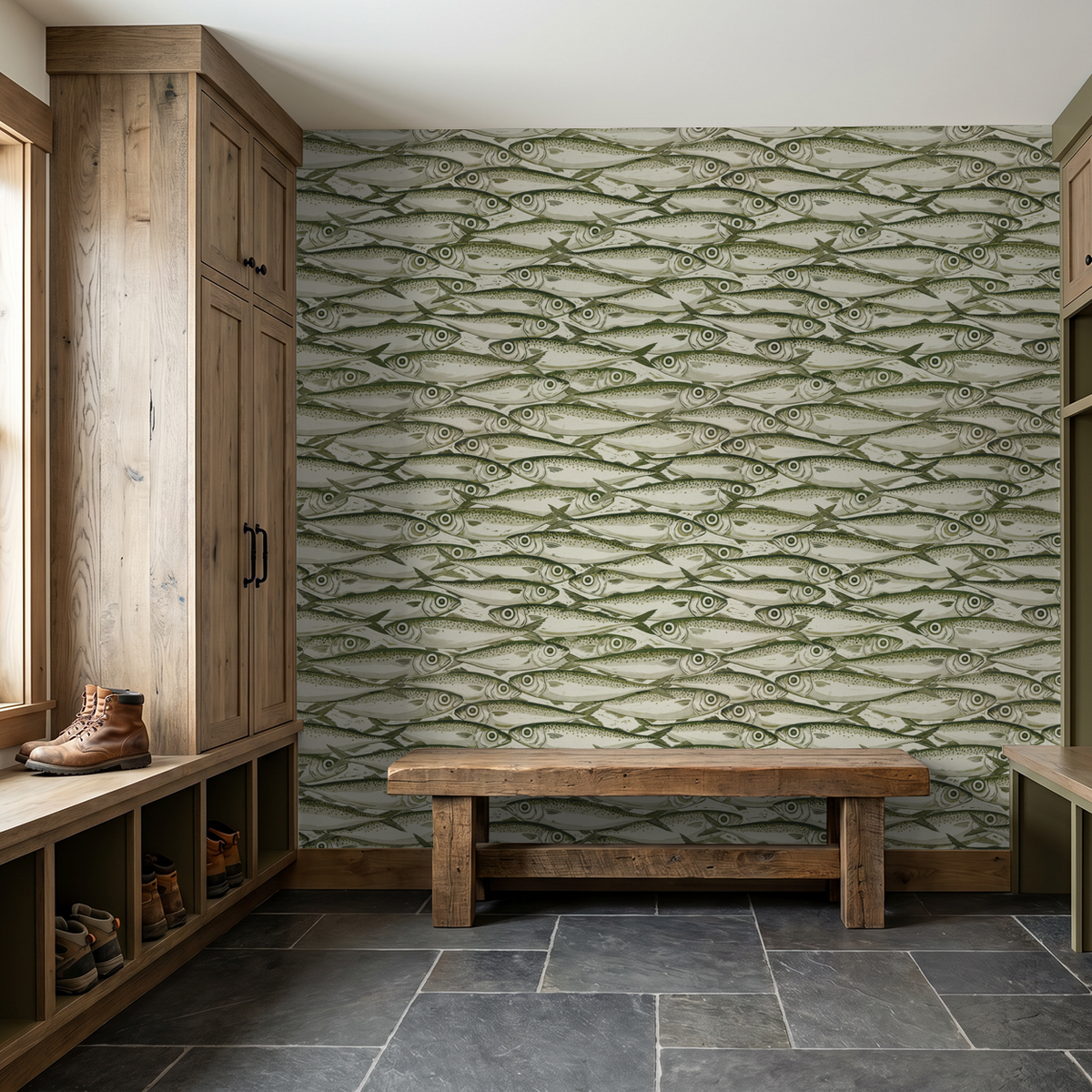 Olive and cream fish pattern wallpaper in rustic entryway with wood bench.
