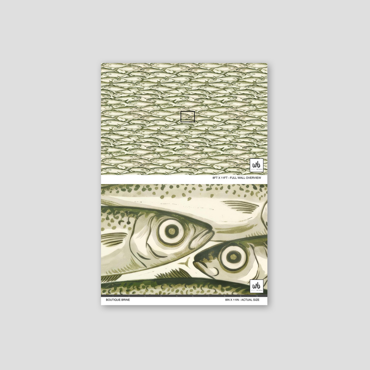 Olive and cream fish pattern wallpaper sample with ocean theme.