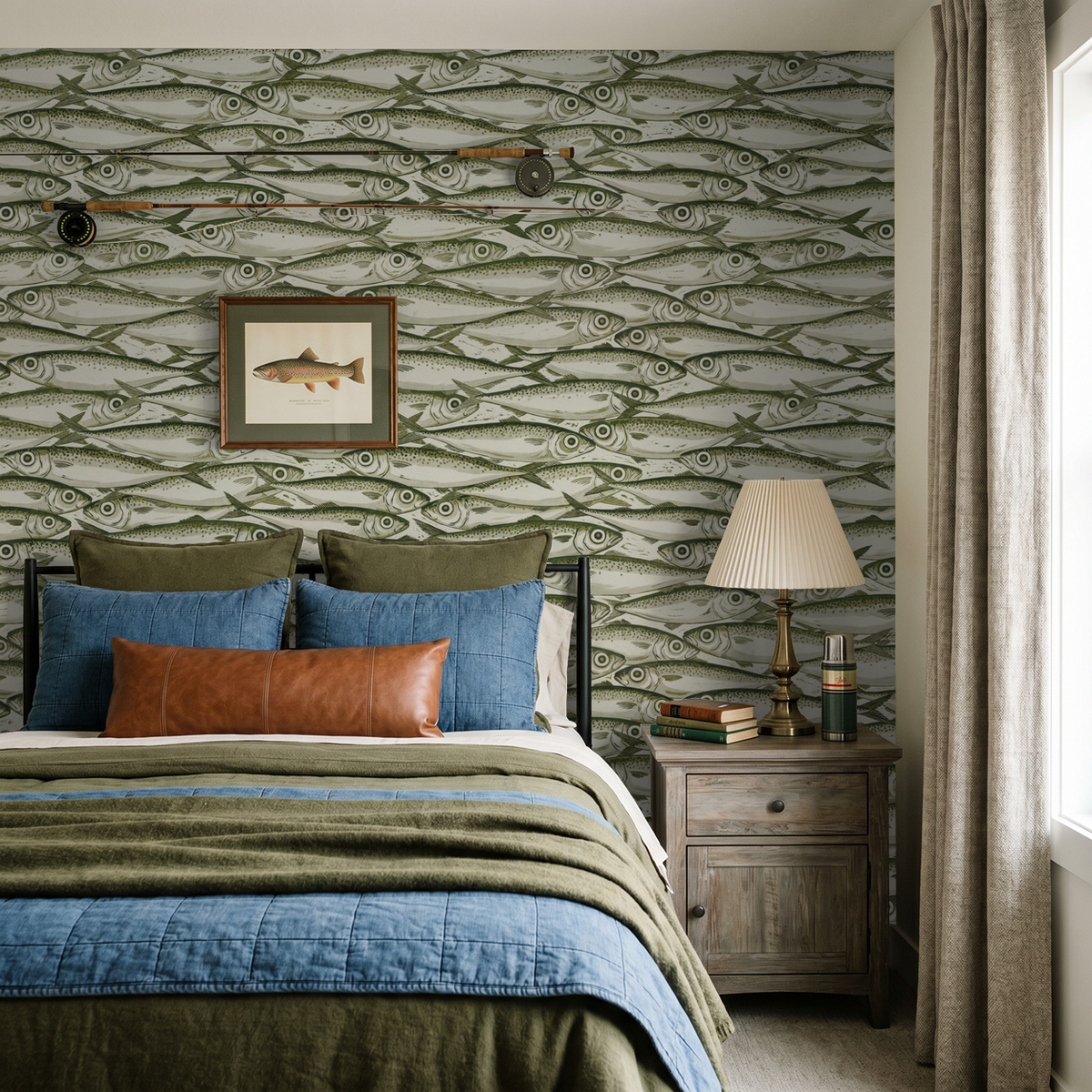 Olive fish pattern wallpaper in cozy bedroom with rustic decor.