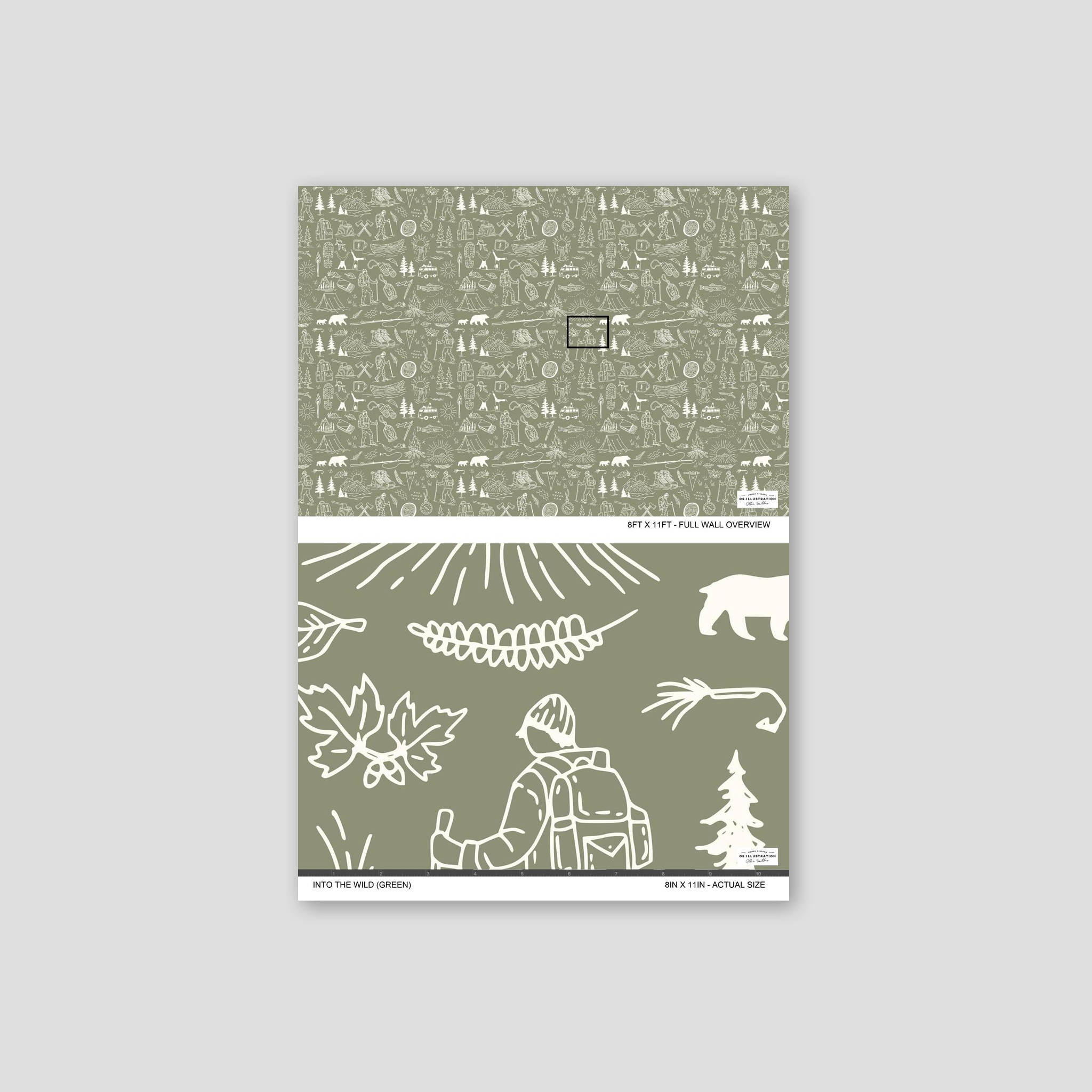 Olive-green wallpaper with white line drawings of hikers, mountains, and camping motifs.