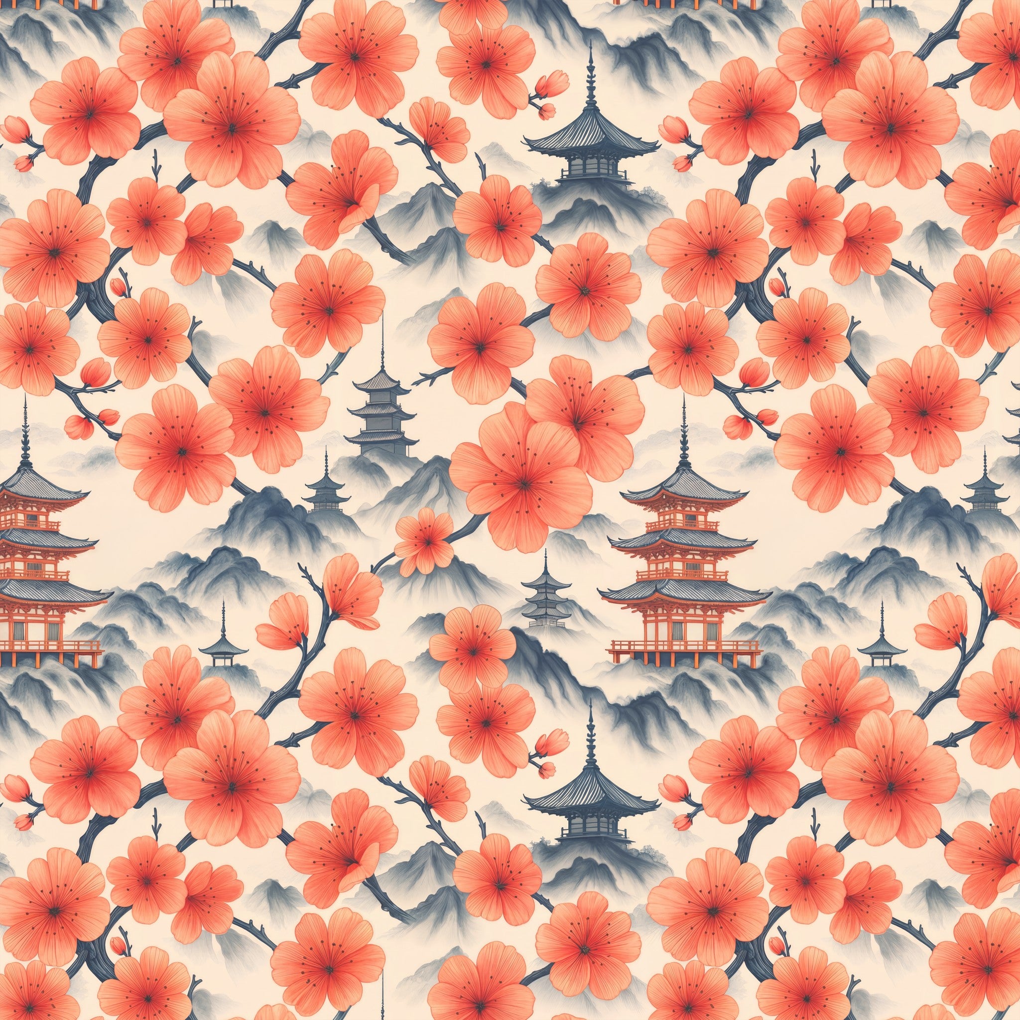 Oriental wallpaper with coral blossoms and pagodas on cream background.