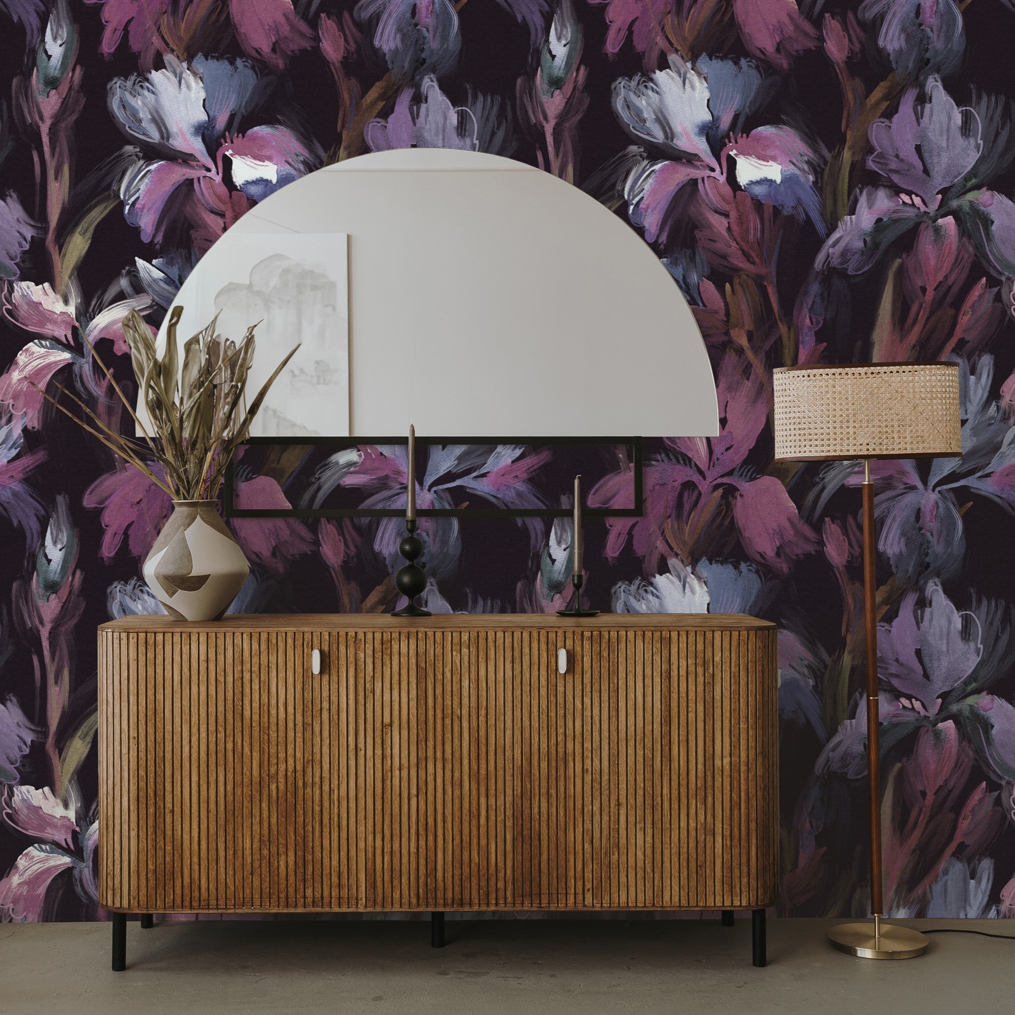 Alt: "Elegant living room showcasing Wall Blush's Iris Wallpaper with floral design, complementing modern wooden furniture."