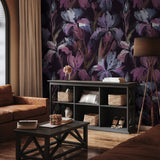 Elegant Wall Blush Iris Wallpaper adorning a cozy living room, highlighting bold floral patterns.