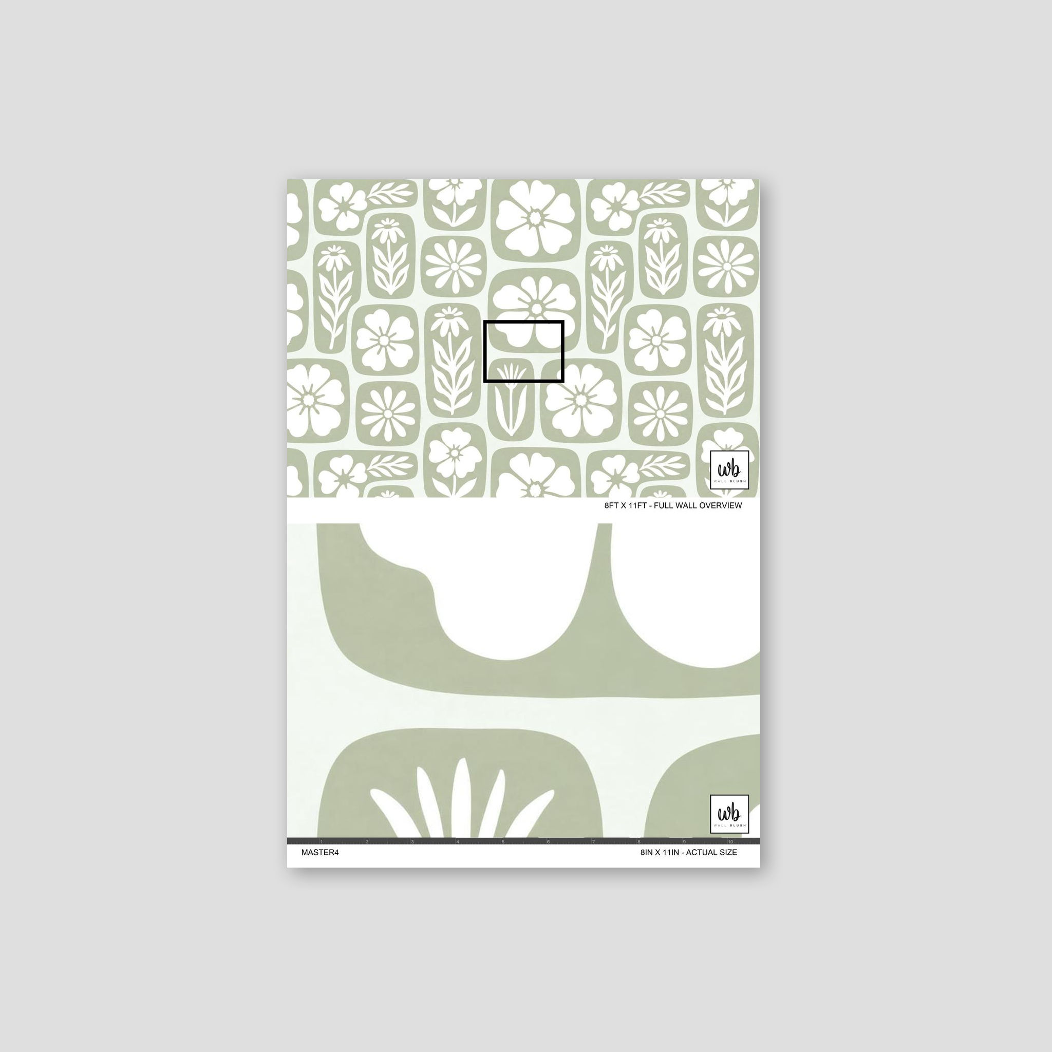 Pale sage green and white floral wallpaper sample with nature-inspired motifs.