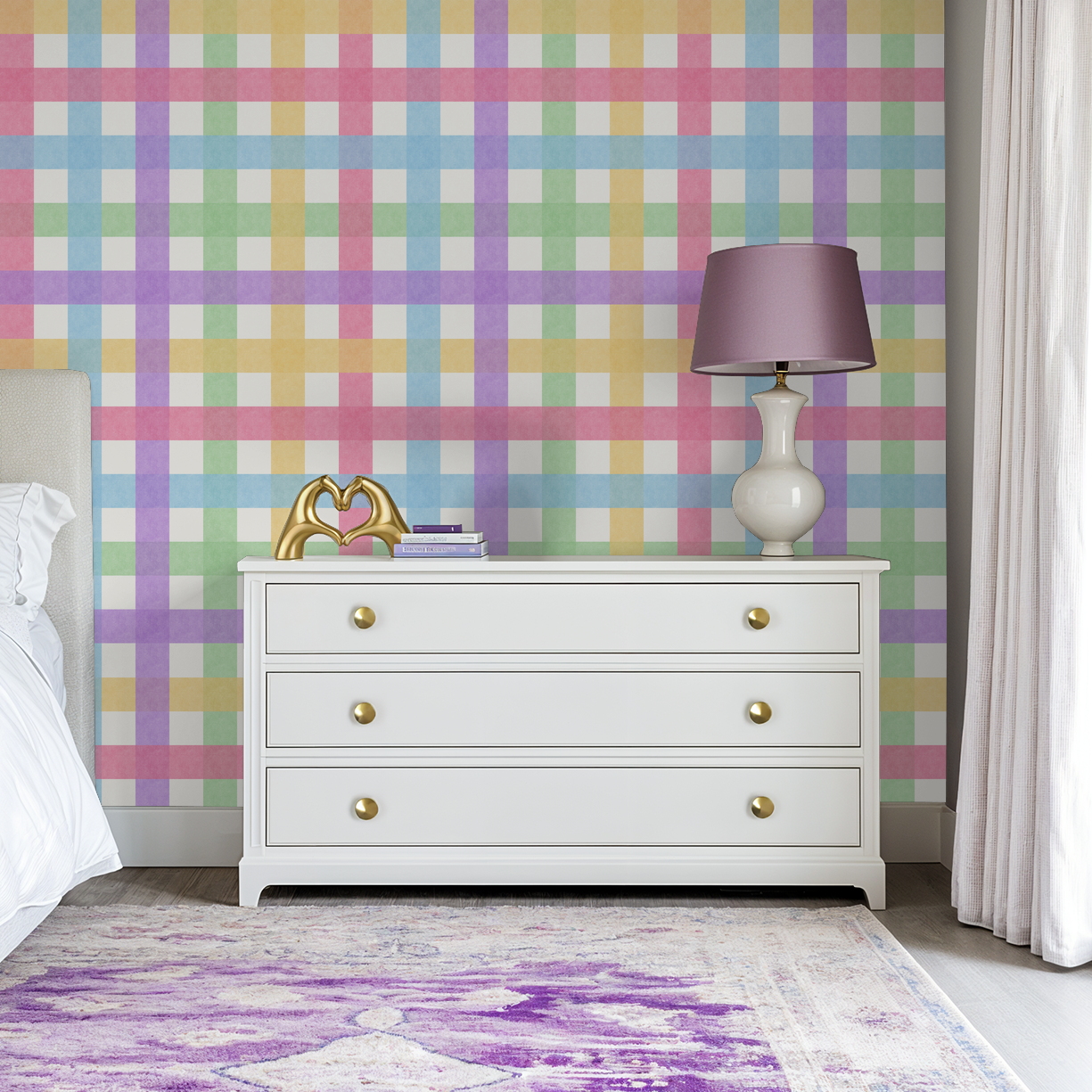 Pastel gingham wallpaper in a bedroom with white dresser and purple lamp.