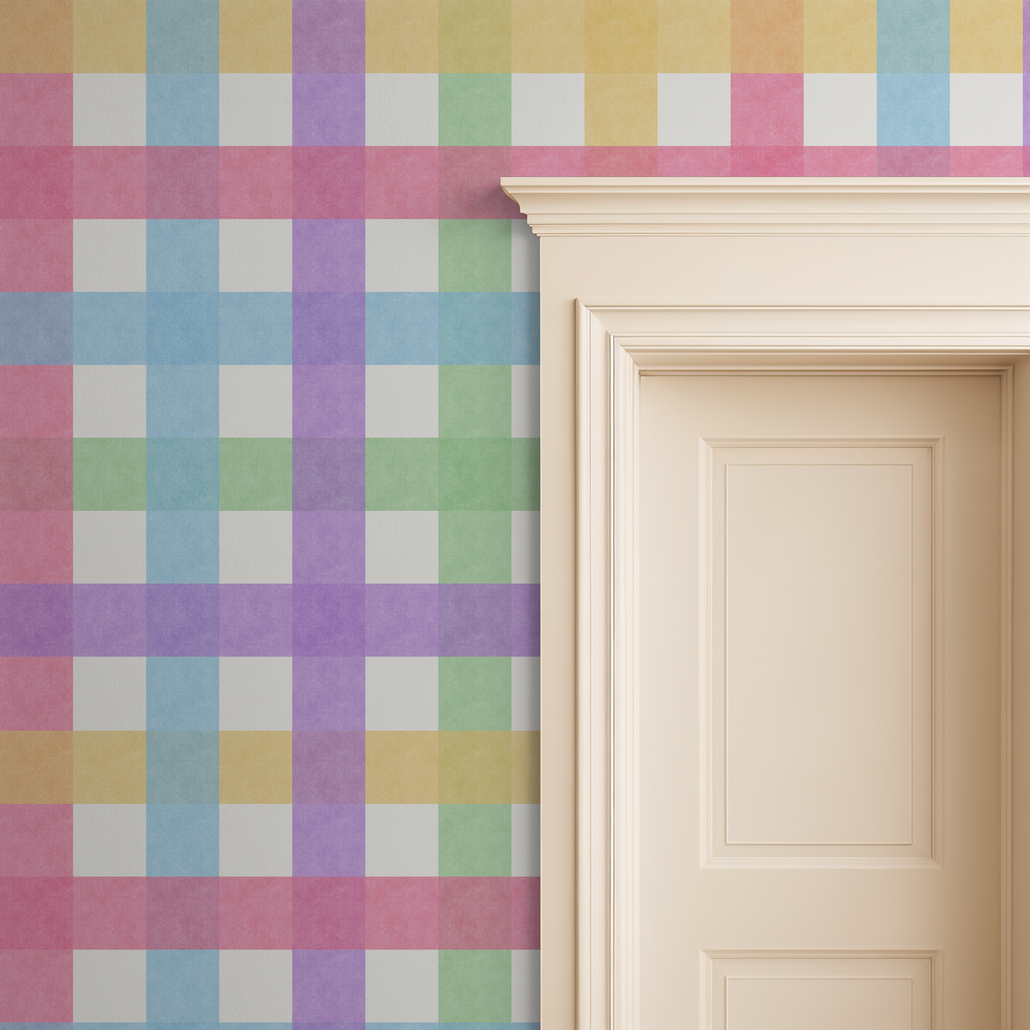 Pastel gingham wallpaper with pink, blue, green, yellow squares beside a cream door.