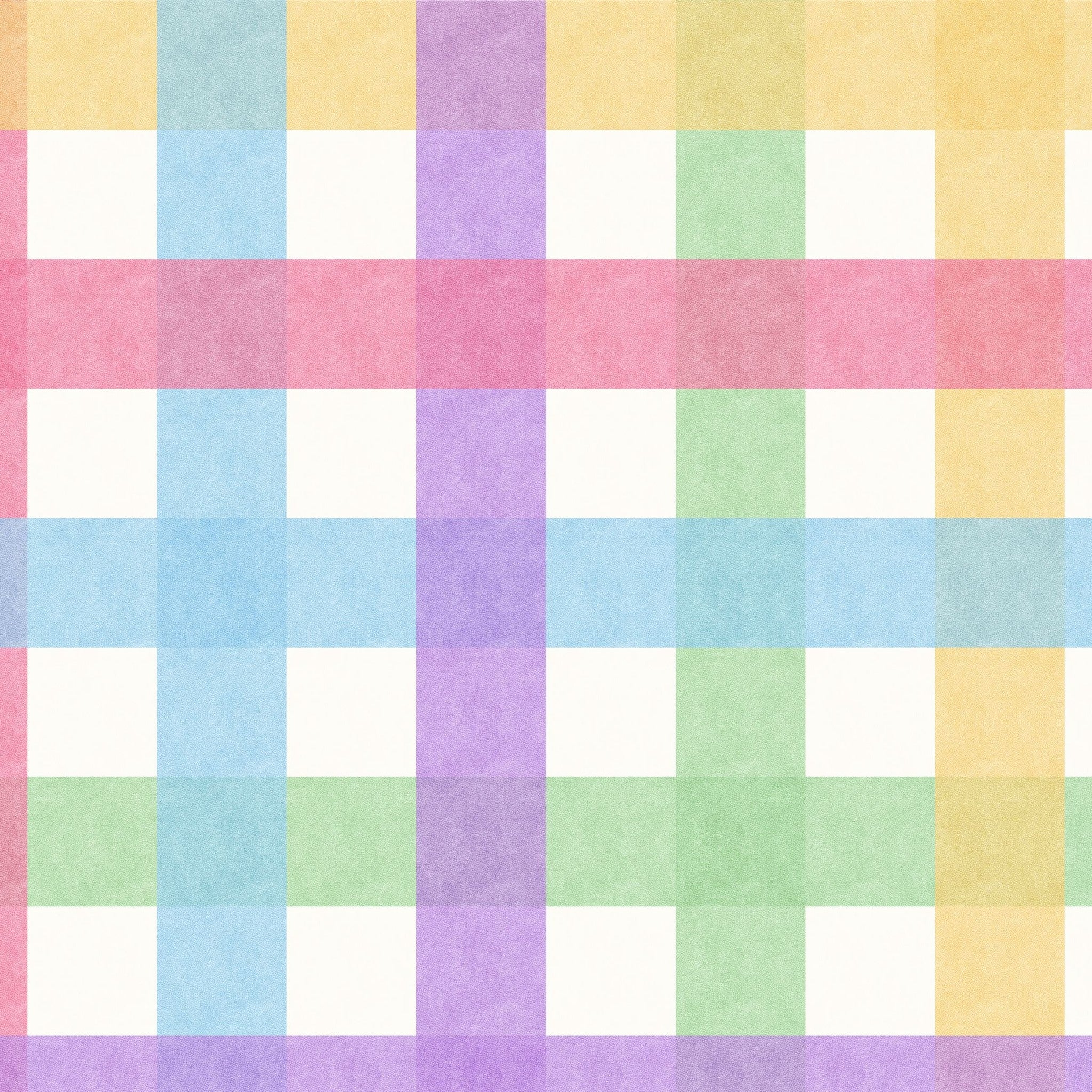 Pastel gingham wallpaper with pink, blue, green, yellow, and purple squares.