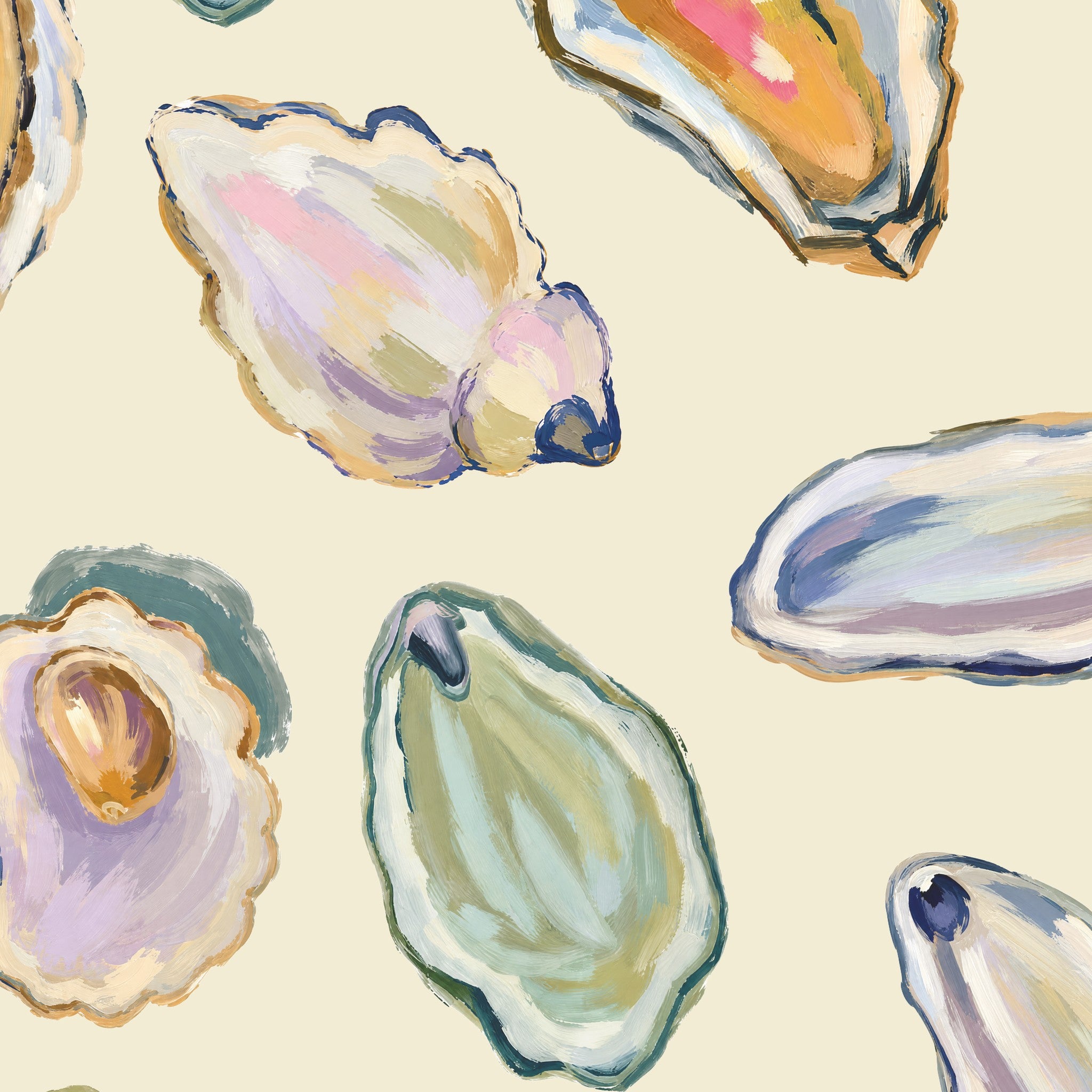 Pastel seashell pattern wallpaper with soft colors and coastal theme.