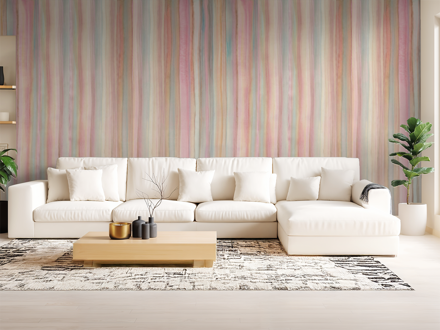 Pastel striped wallpaper in modern living room with white sofa and plants.