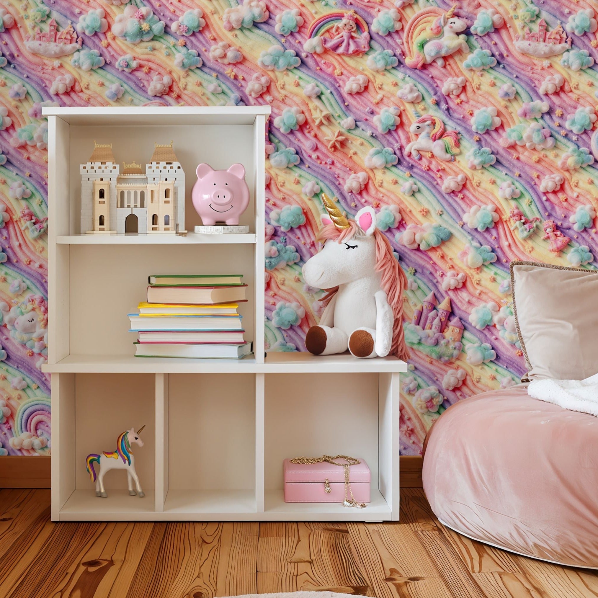 "Wall Blush Starlite (Pastel) Wallpaper in a cozy kids' room with playful decor and vibrant pastel design."