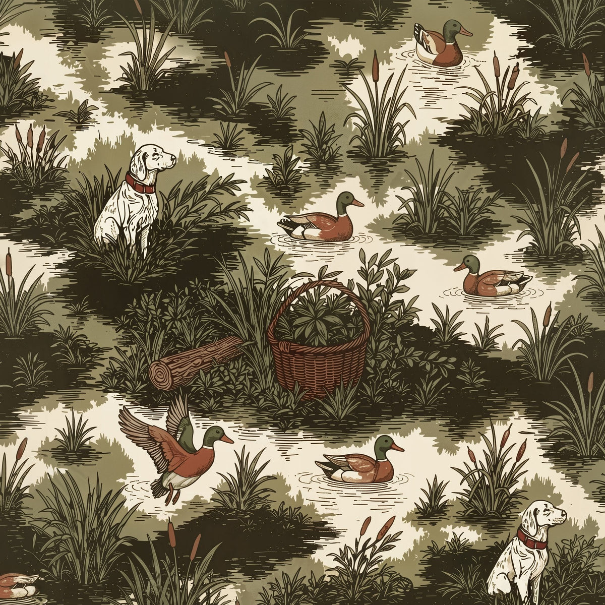 Pastoral wallpaper with ducks, dog, and foliage in olive and earth tones.