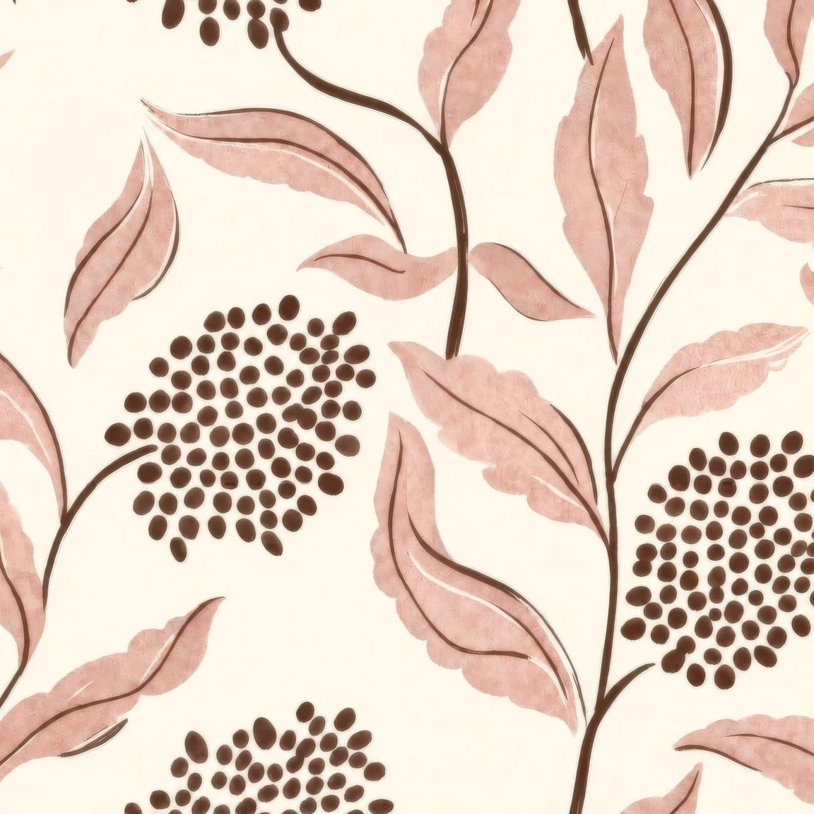 Peaceful Botanical wallpaper with pink leaves and brown berries on cream background.