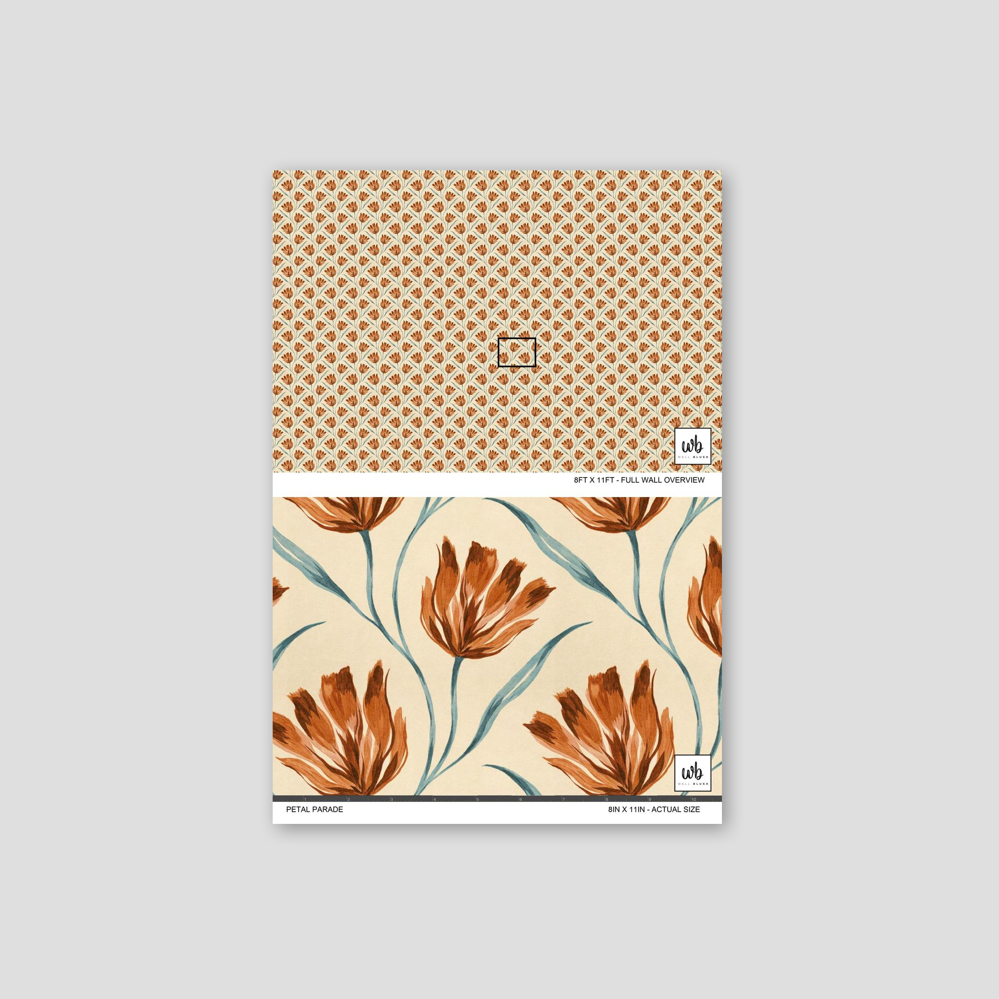 Petal Parade wallpaper with terracotta floral pattern on cream background