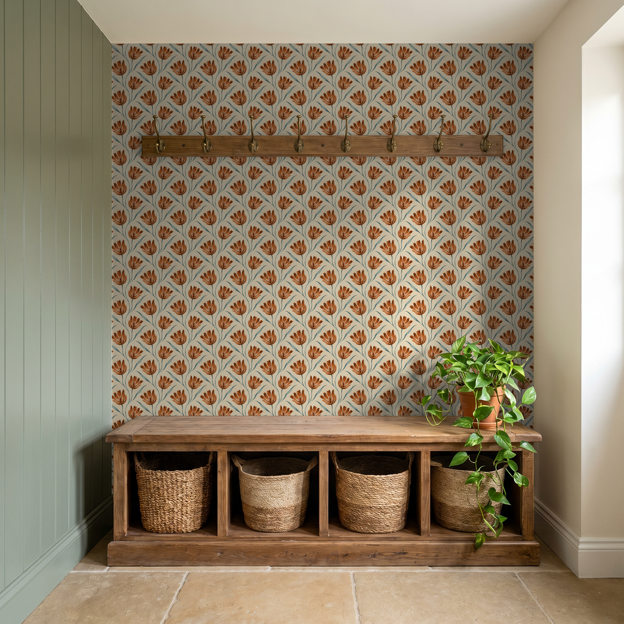 Petal Parade terracotta floral wallpaper in rustic entryway with bench and baskets.