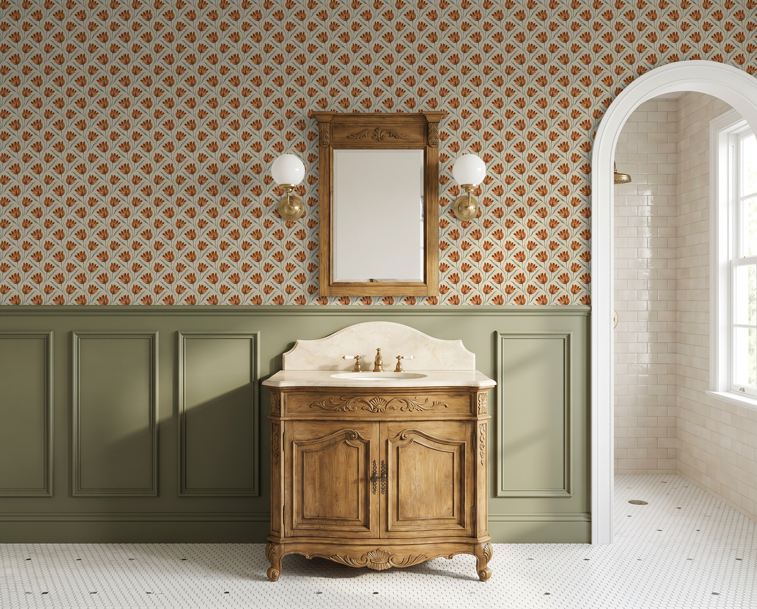 Petal Parade wallpaper with terracotta floral pattern in vintage bathroom setting.
