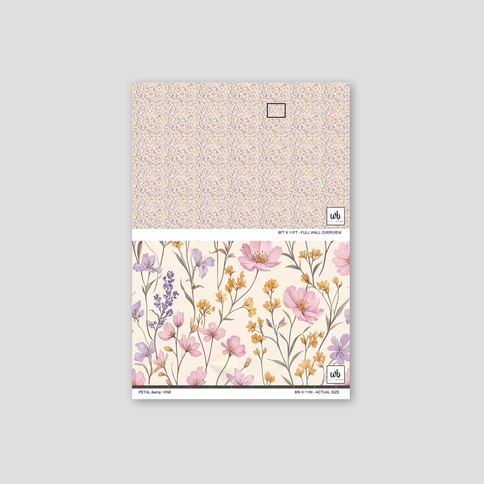 Petal & Vine wallpaper with lavender, blush pink, mustard wildflowers on cream background.