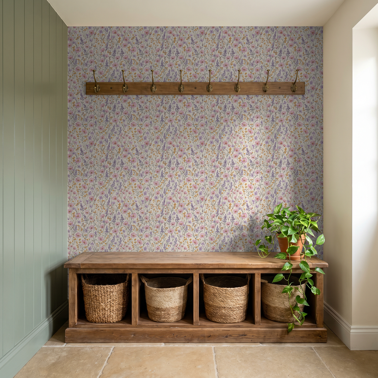 Petal & Vine floral wallpaper with lavender and pink wildflowers in rustic hallway.