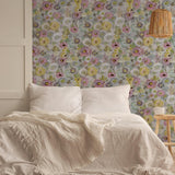 Phoebe Wallpaper by Wall Blush SG02 in a cozy bedroom, highlighting the floral design and room ambiance.
