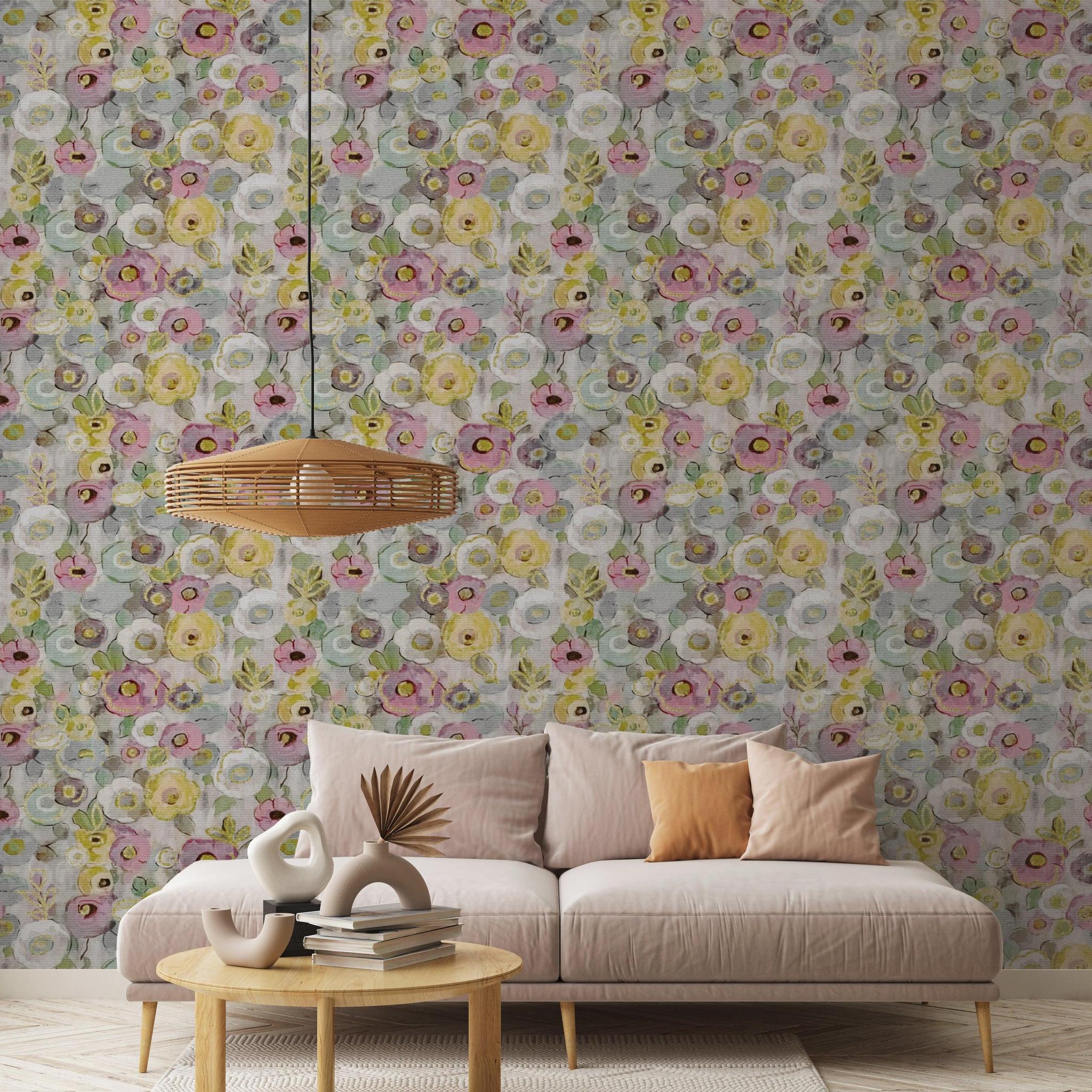 Phoebe Wallpaper from Wall Blush SG02 accentuates a cozy living room setting with a floral pattern.
