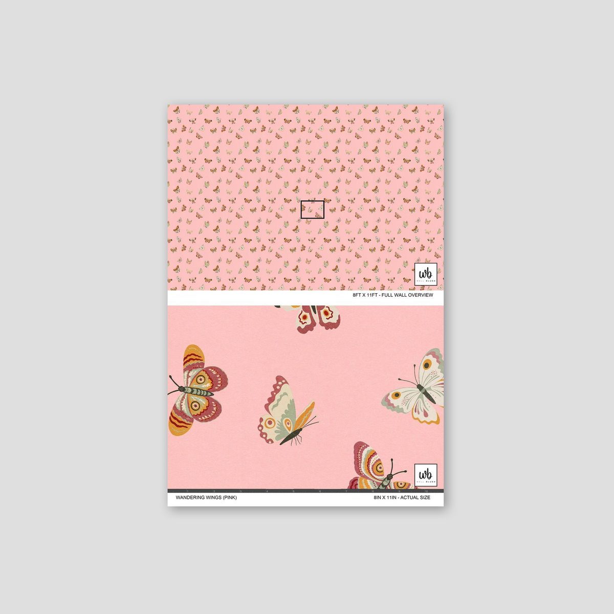 Pink wallpaper with delicate butterflies in muted tones, whimsical and playful design.