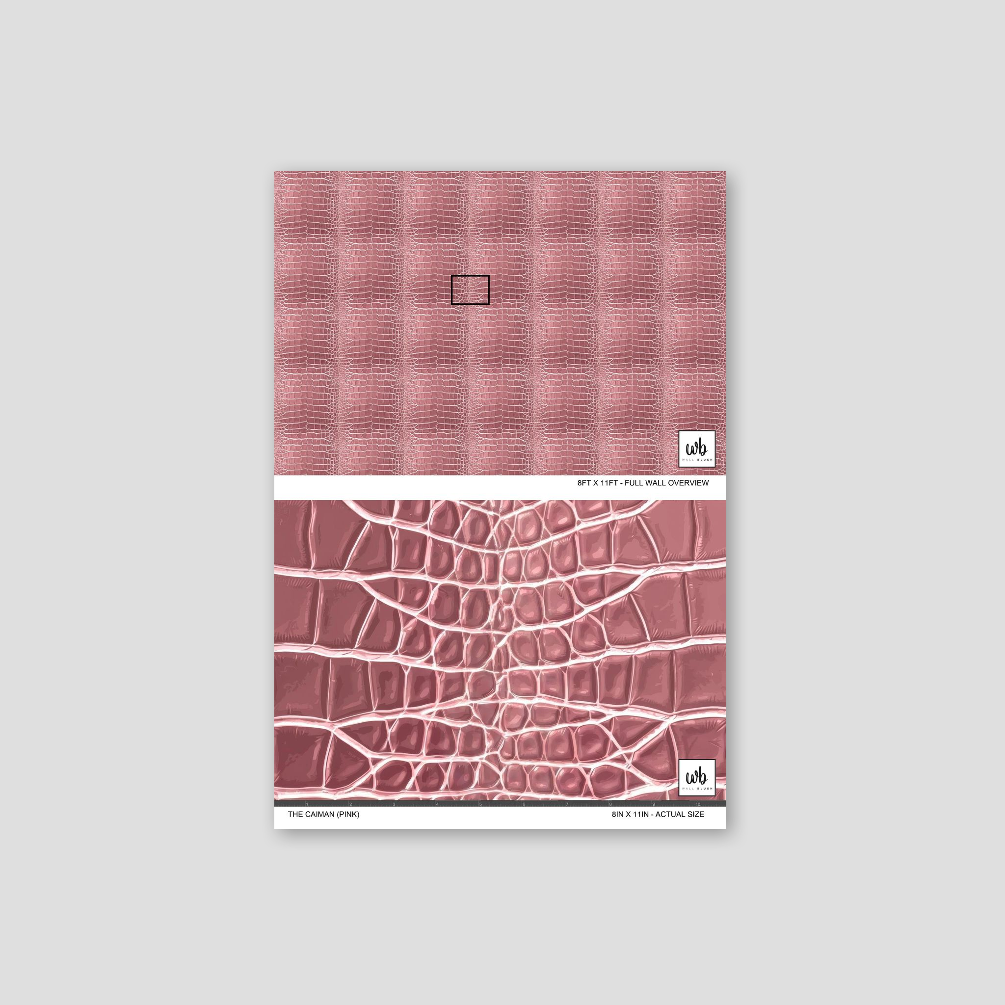 Pink crocodile-textured wallpaper sample with glossy finish.
