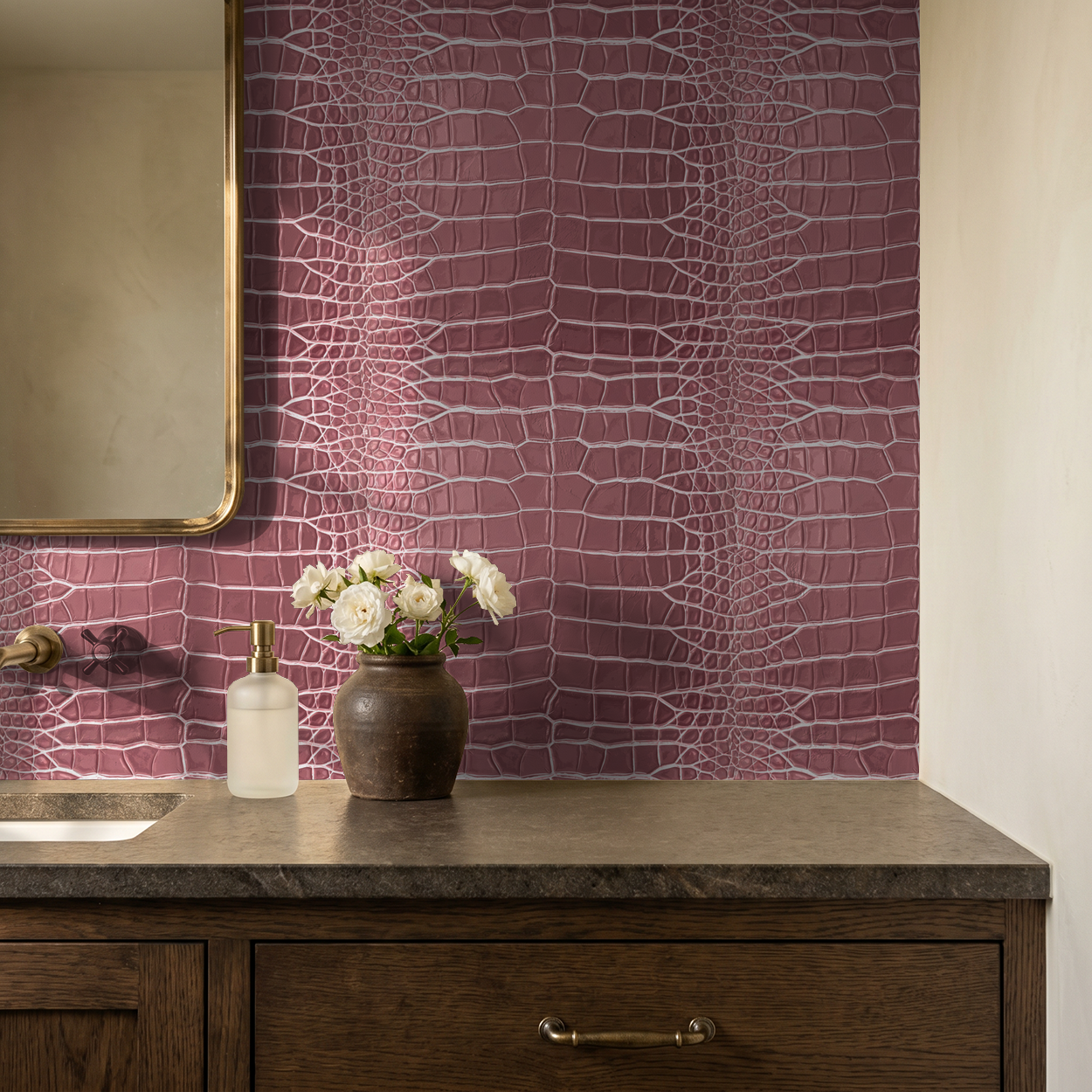 Pink crocodile-textured wallpaper in elegant bathroom setting with flowers.