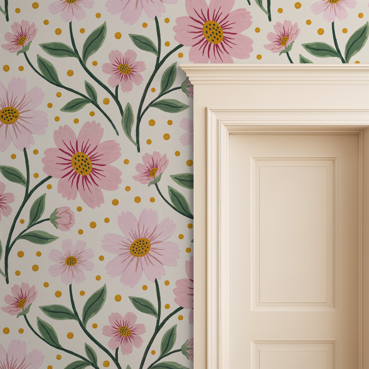 Pink floral wallpaper with green leaves and cream background near a door frame.