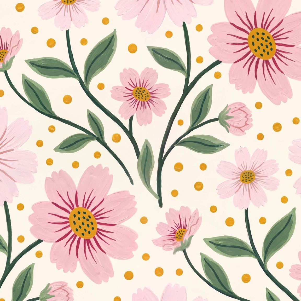 Pink floral wallpaper with green leaves and gold accents on cream background.