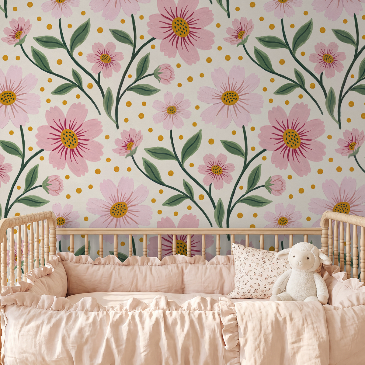 Pink floral wallpaper with green leaves in a nursery setting