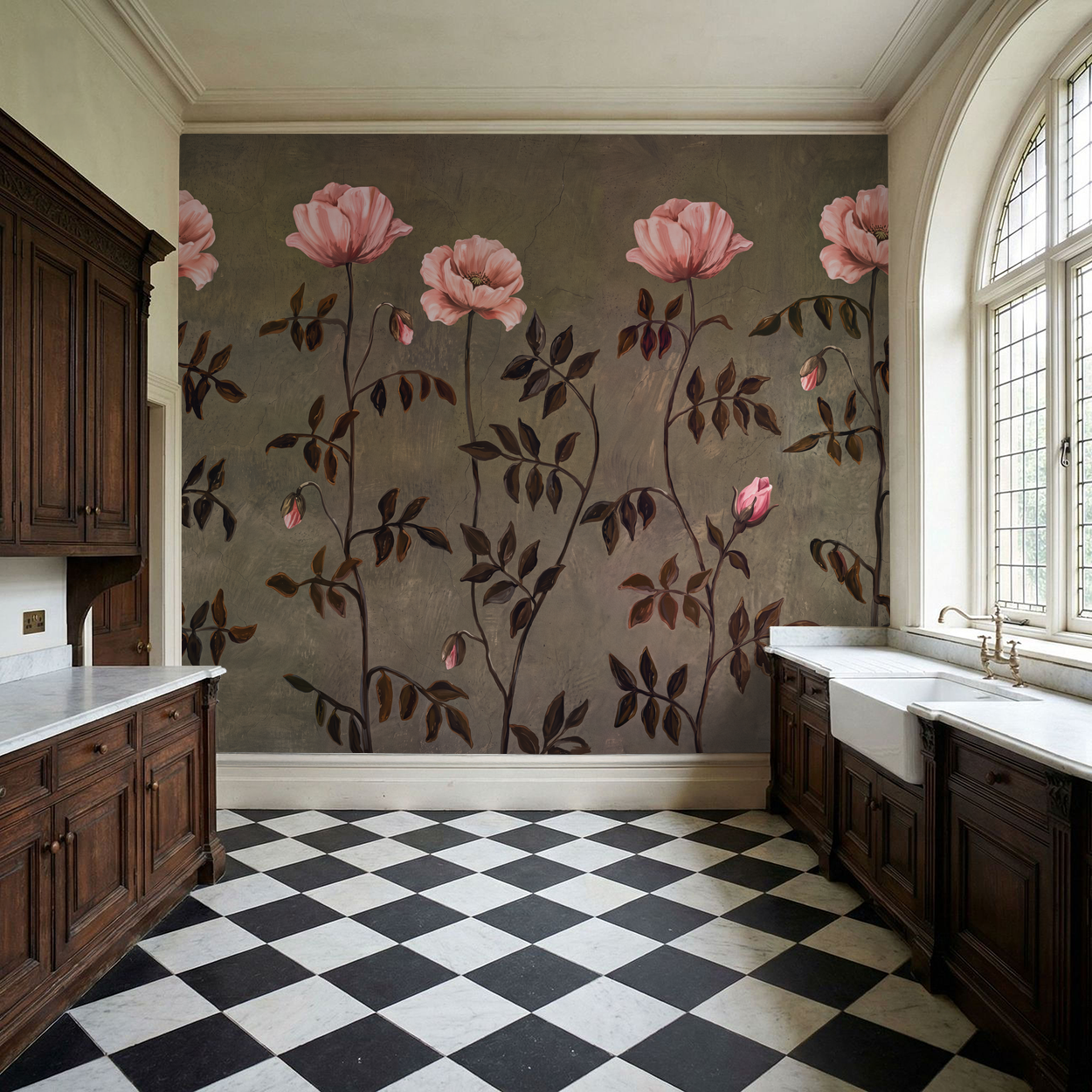 Pink floral wallpaper with roses in vintage kitchen setting