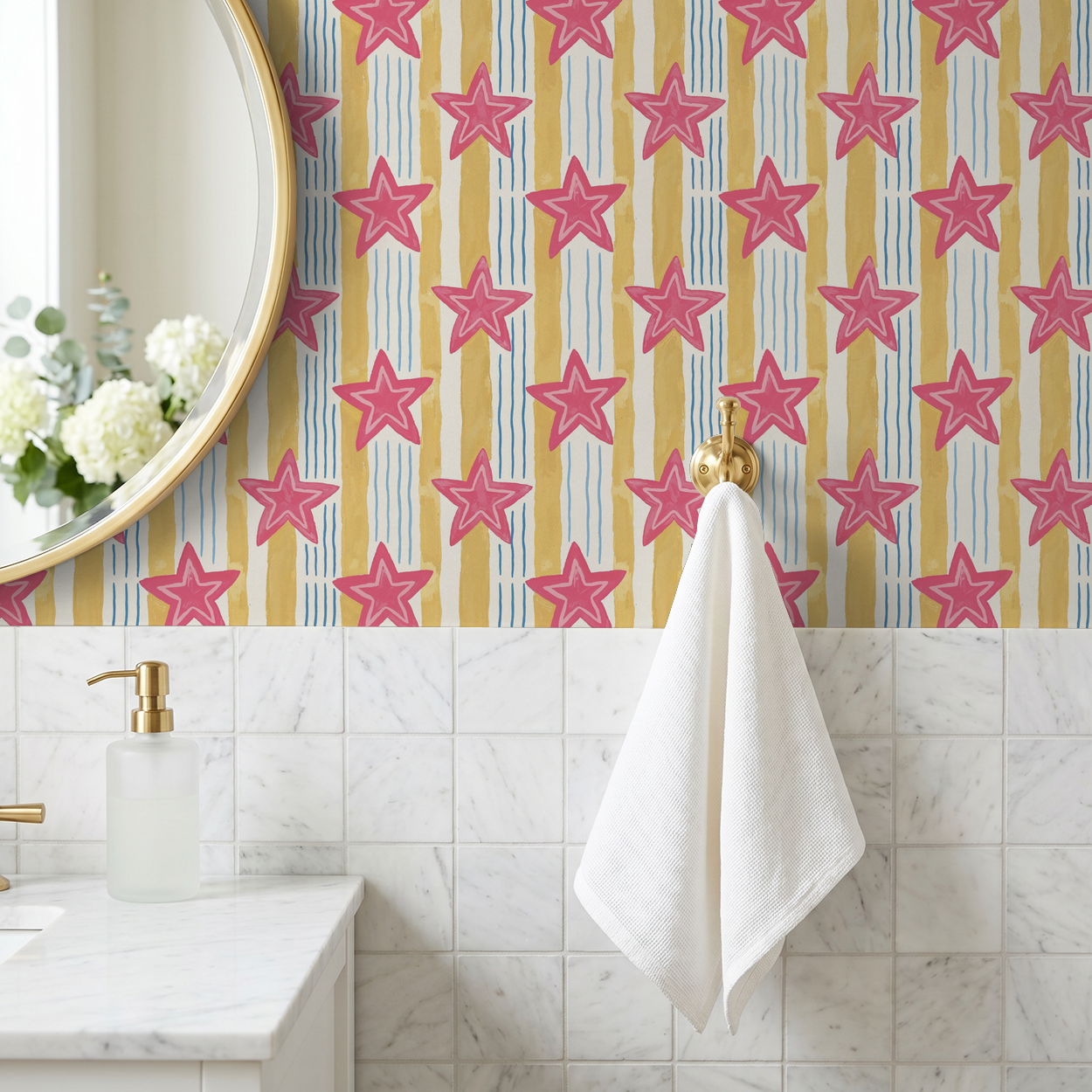 Pink stars on yellow and blue striped wallpaper in modern bathroom.