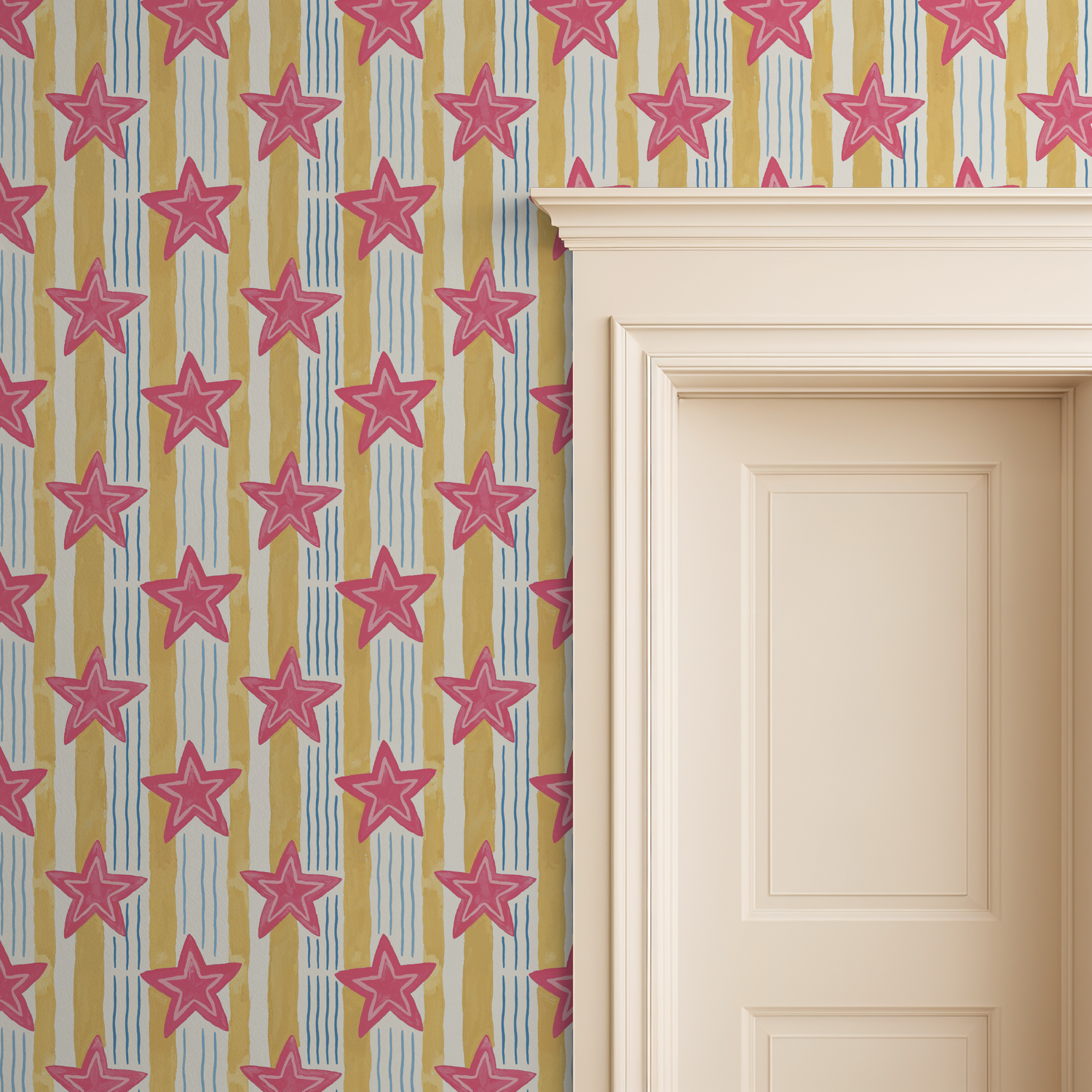 Pink star wallpaper with yellow and blue stripes next to a cream door frame.