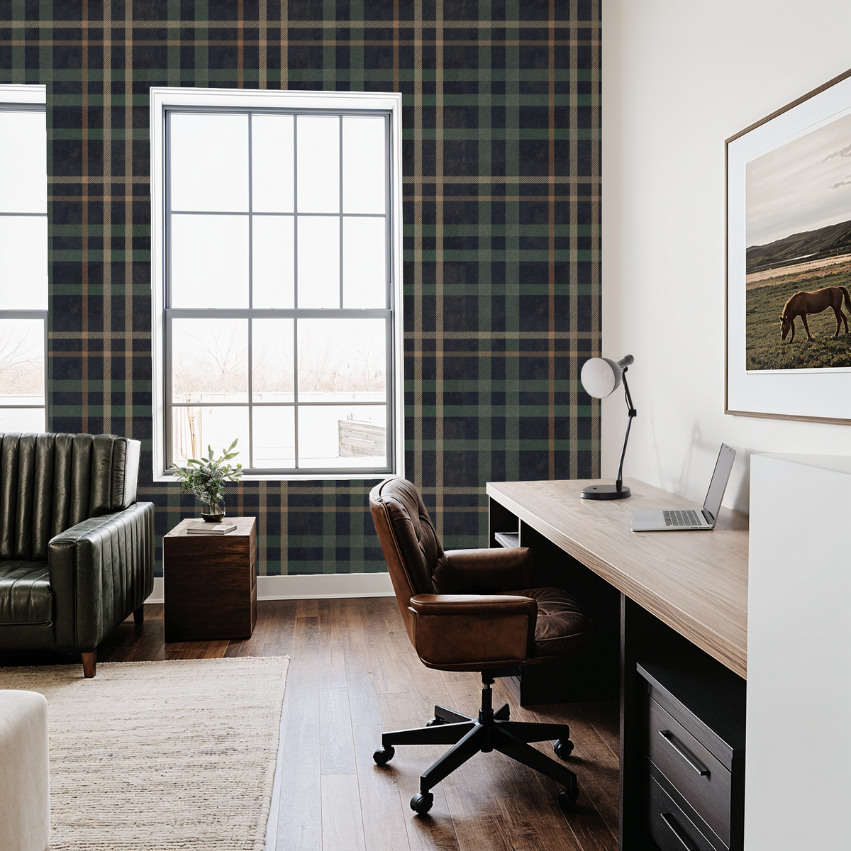 Plaid wallpaper in navy, green, beige in modern office with leather chair.