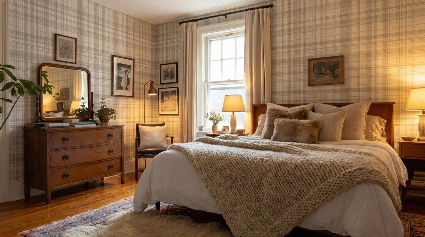 AI: Cozy Up campaign hero, plaid bedroom styled around a real Wall Blush print