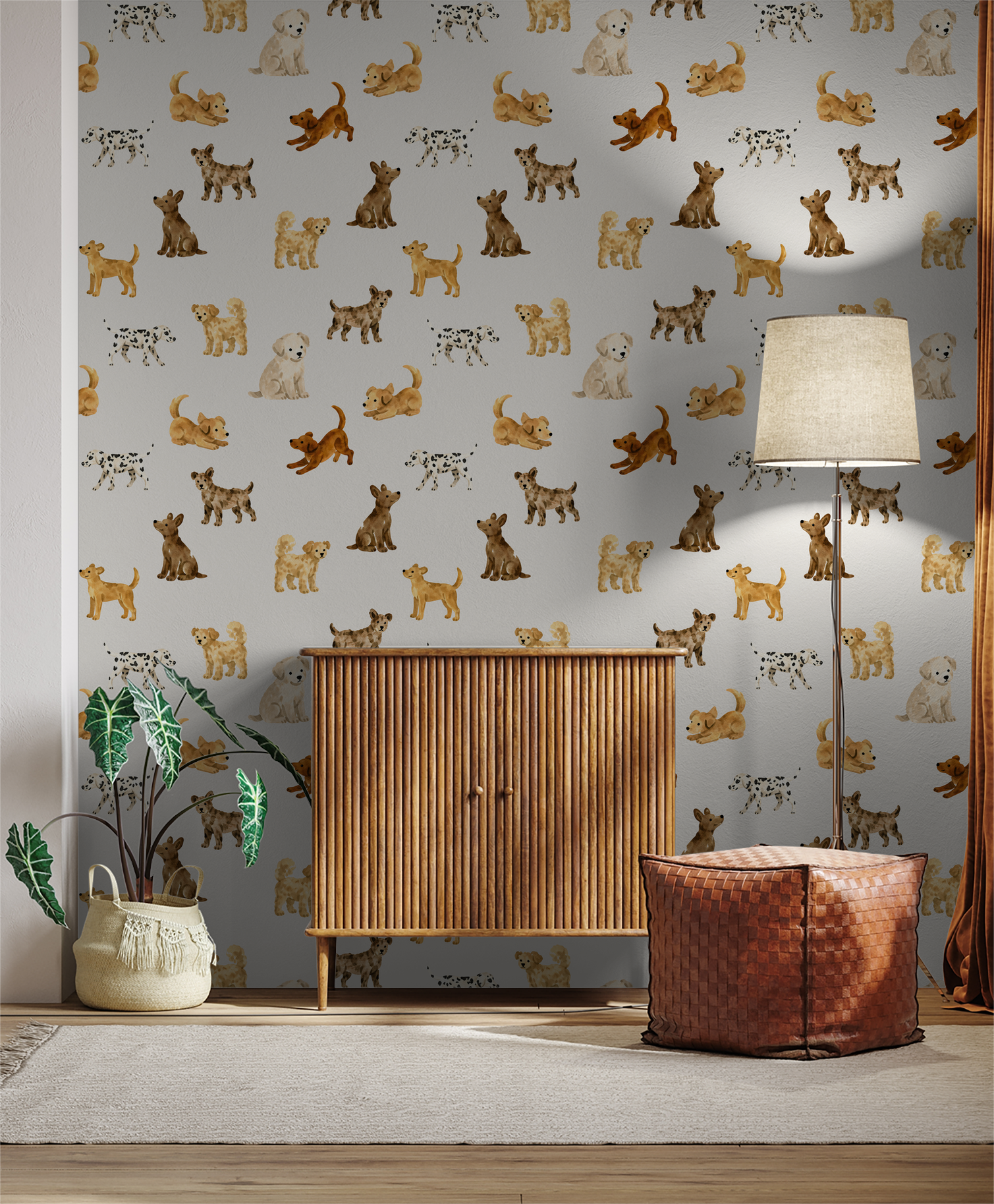 Playful dog wallpaper in cozy room with wooden furniture and soft lighting.