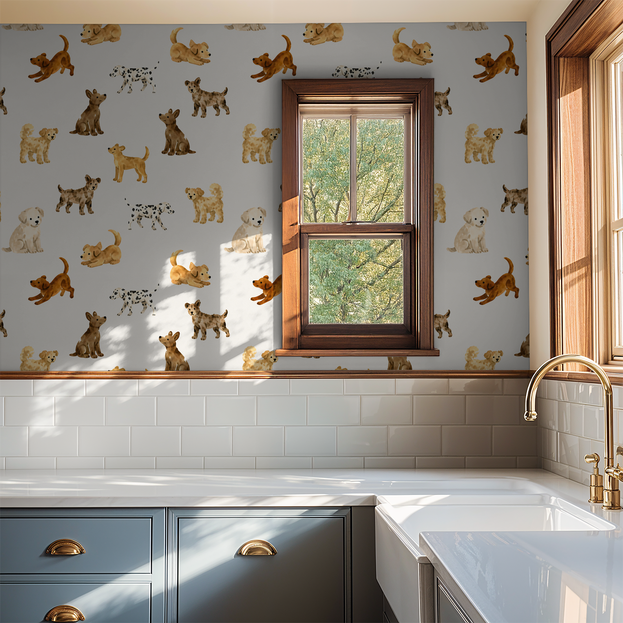 Playful dog-themed wallpaper in kitchen with wooden window and blue cabinets.