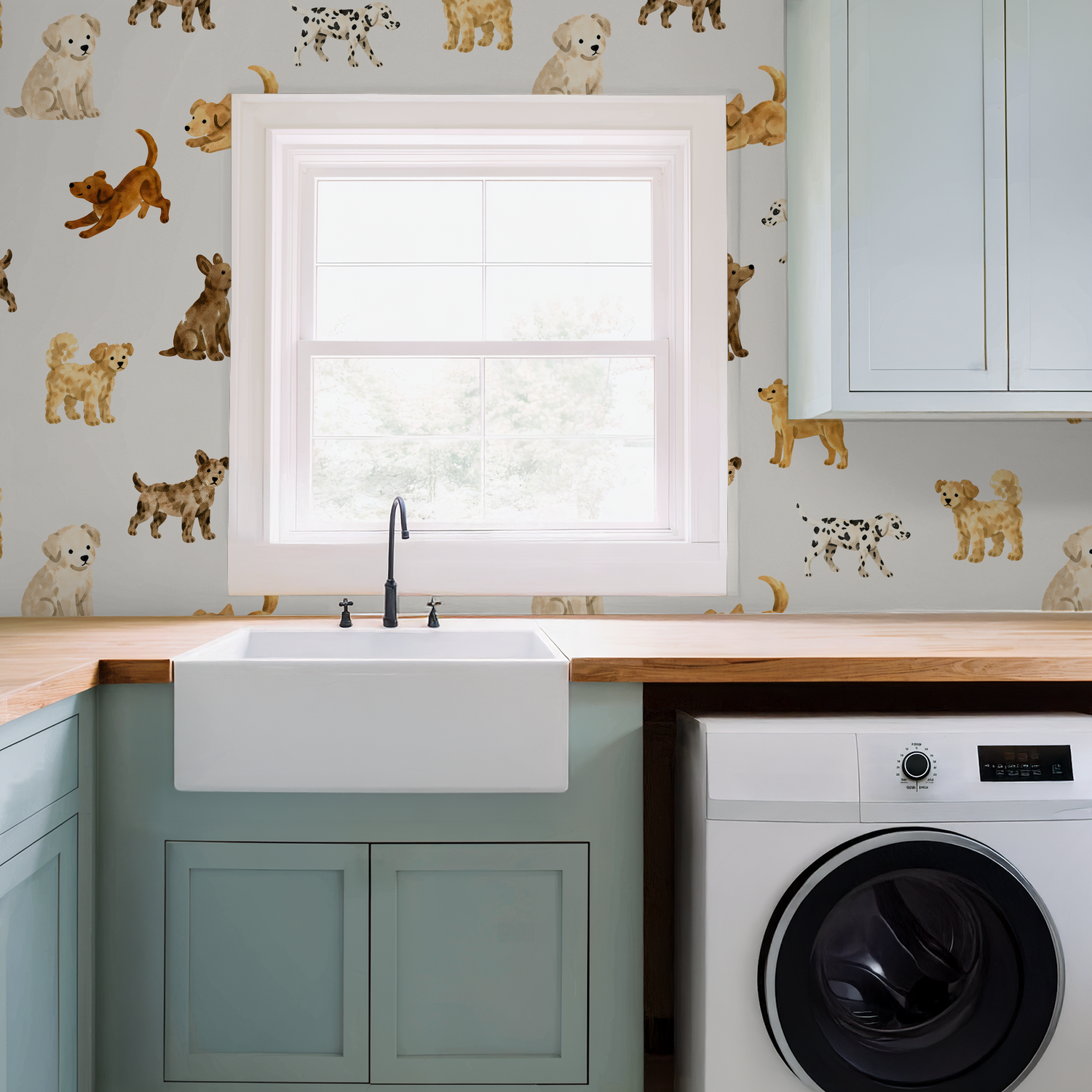 Playful dog wallpaper with watercolor effect in a modern laundry room.
